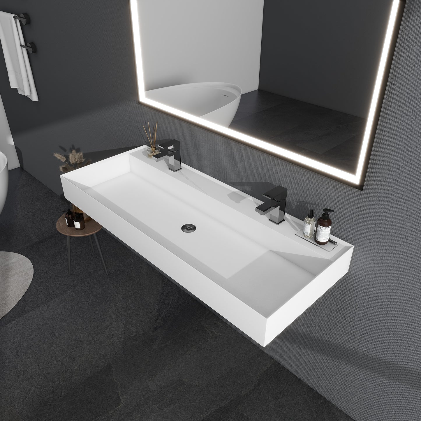 SJ-STARJANE 47''Wall Mount Bathroom Sink Solid Surface Sink with Double Faucet Hole