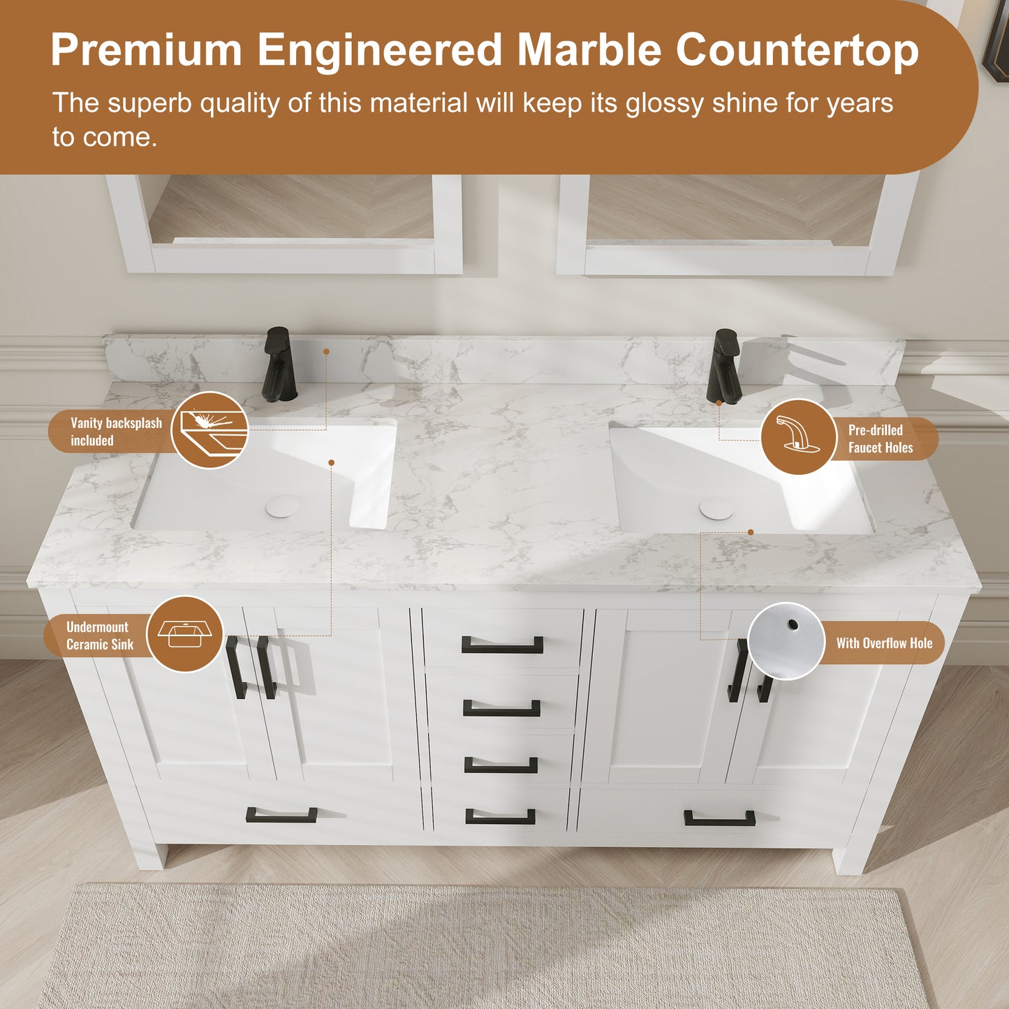 Riverford White Rubberwood & Plywood Bathroom Vanity with Double Ceramic Sink and Engineered Marble Top
