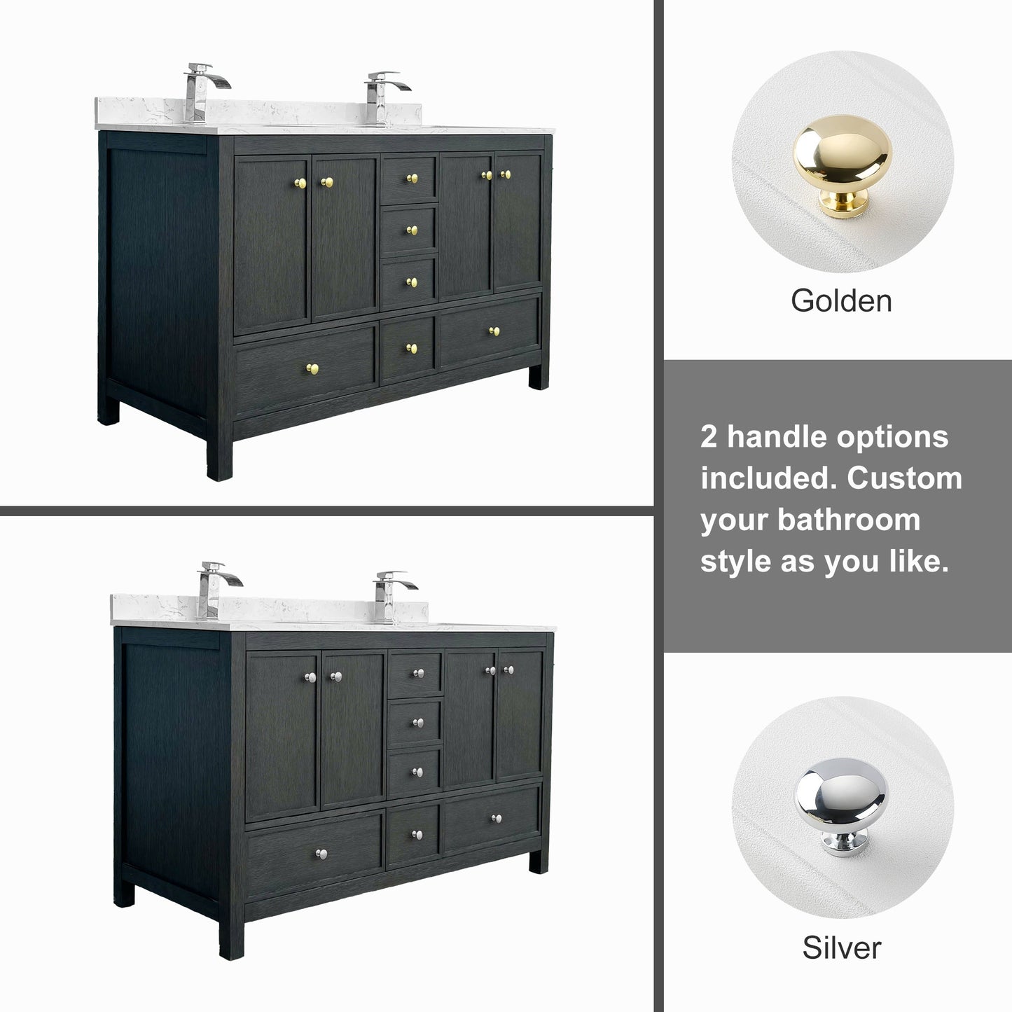 Oakmere Black Rubberwood & Plywood Bathroom Vanity with Double Ceramic Sink and Engineered Marble Top