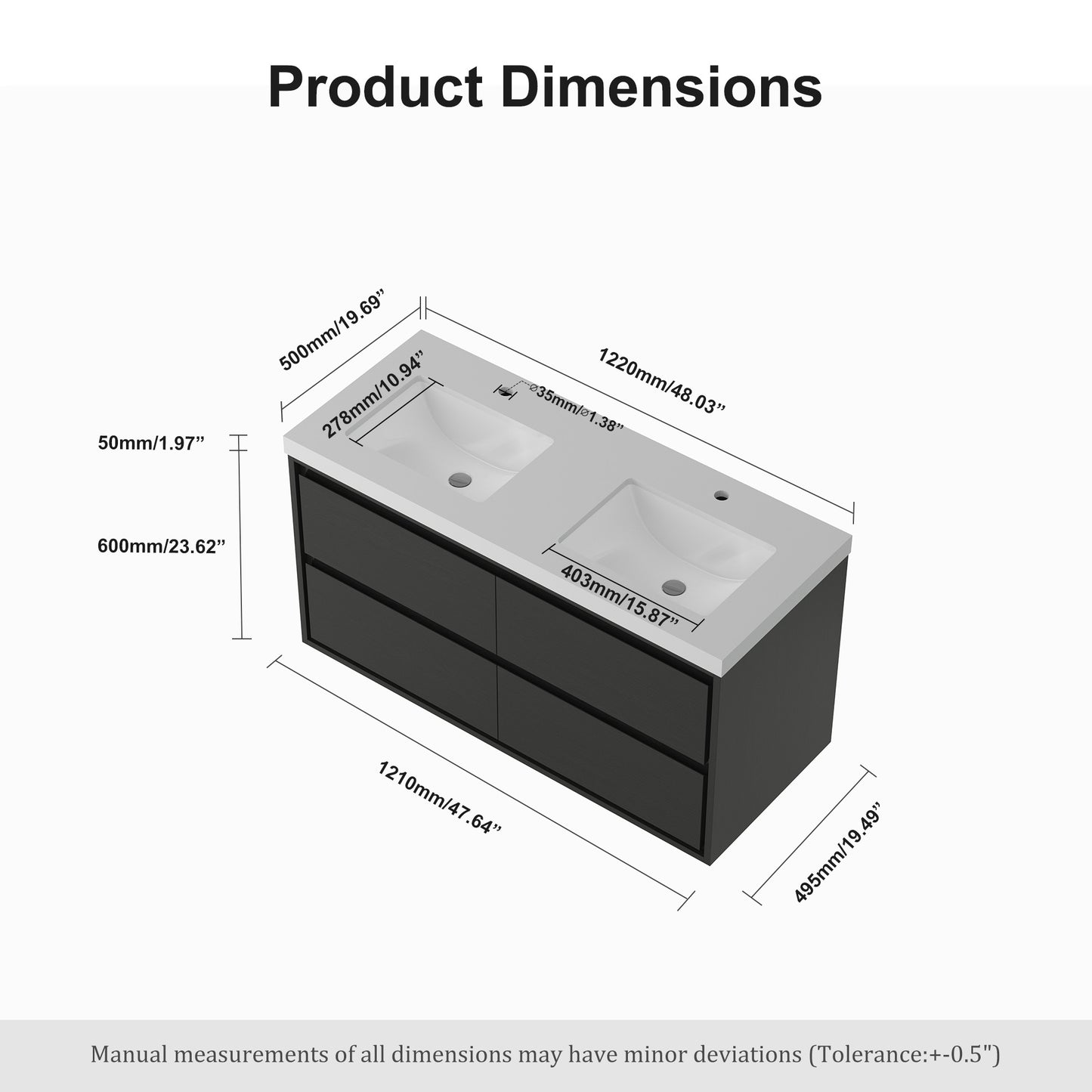 Frost 48 in. x 20 in. Double Sink Floating Bath Vanity in Black Wood Grain with White Cultured Marble Top with Basin