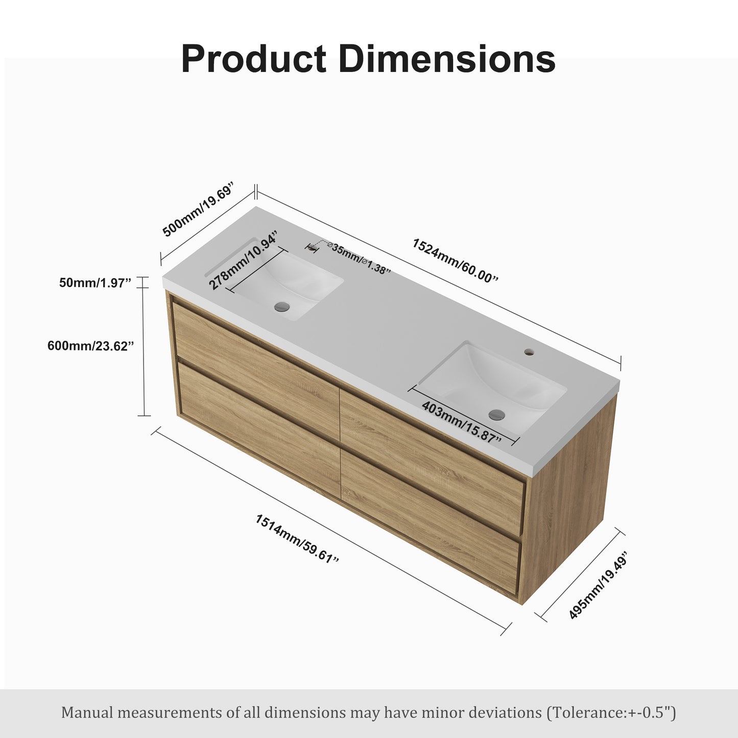 Frost 60 in. x 20 in. Double Sink Floating Bath Vanity in Wood Grain with White Cultured Marble Top with Basin