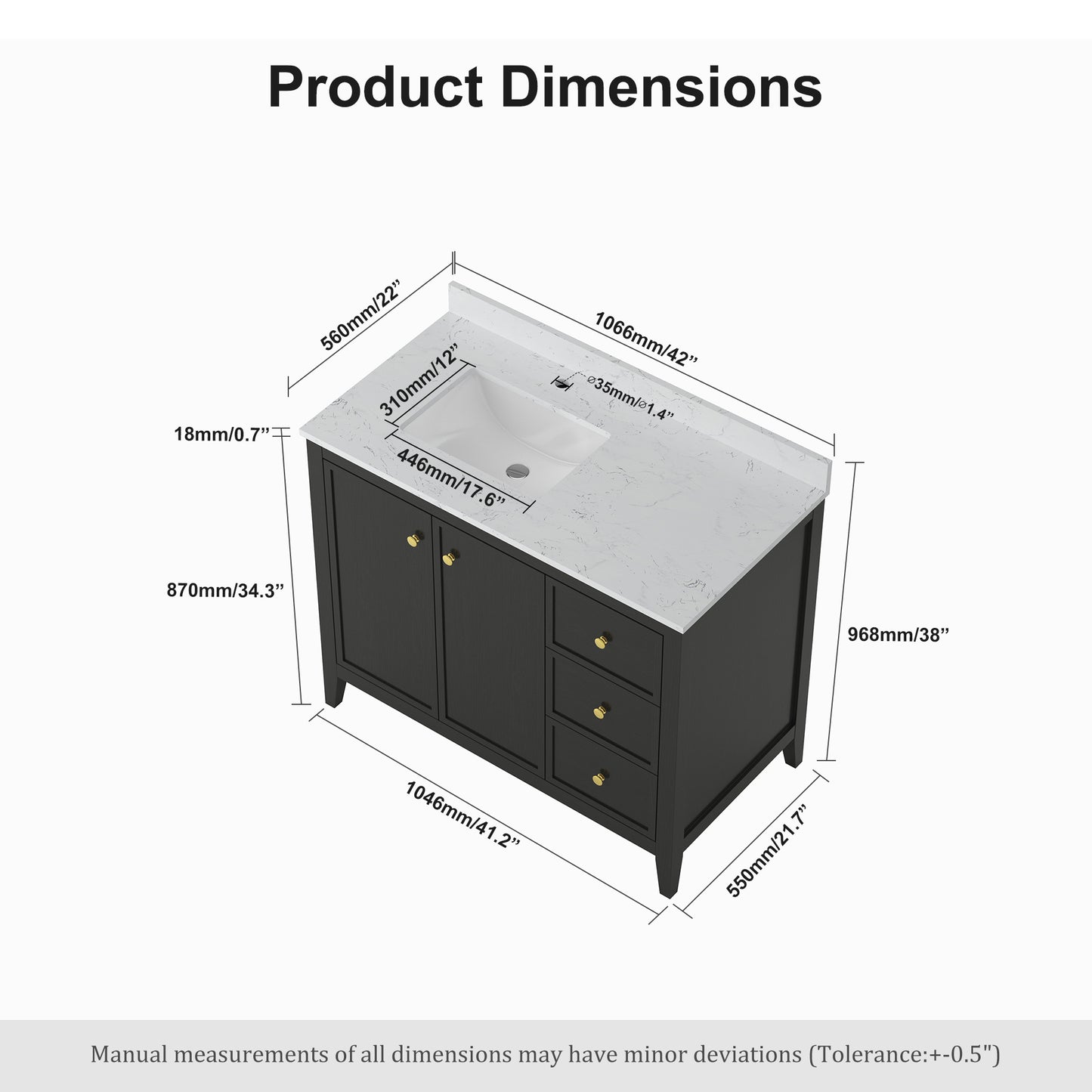 Riverford 48'' Black Wood Grain Rubberwood & Plywood Bathroom Vanity with Ceramic Sink and Engineered Marble Top