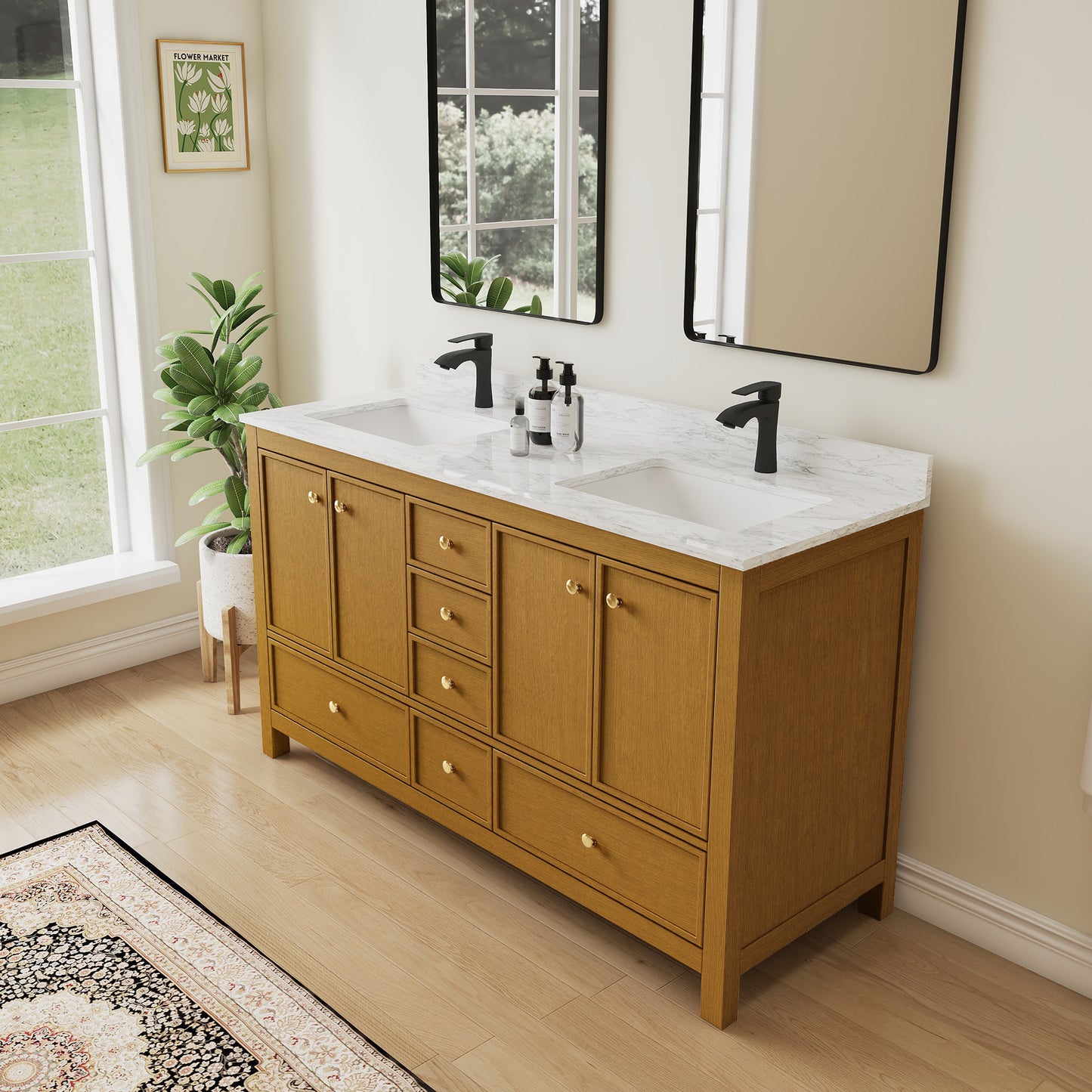 Oakmere Dark Wood Grain Rubberwood & Plywood Bathroom Vanity with Double Ceramic Sink and Engineered Marble Top