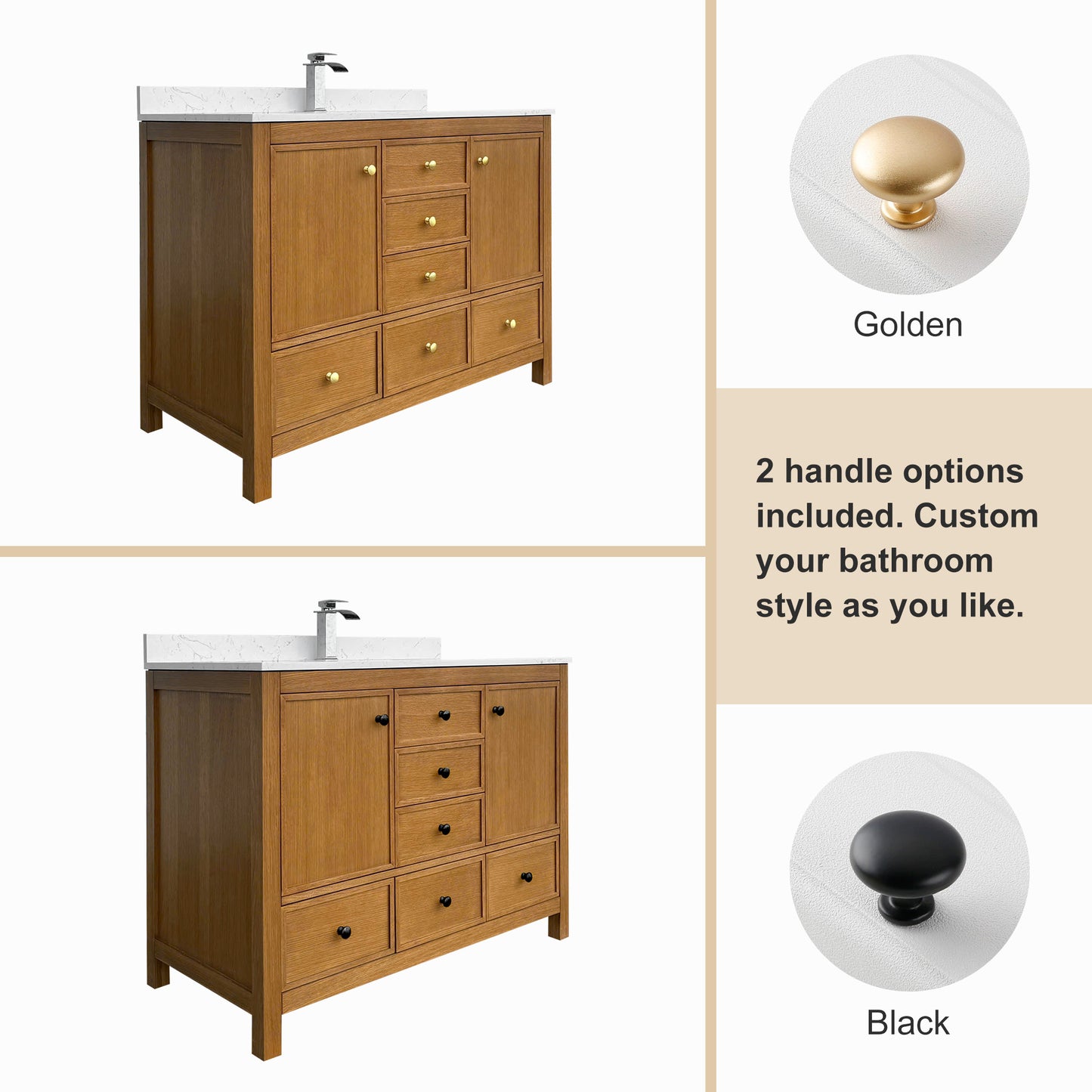 Oakmere 48'' Dark Wood Grain Rubberwood & Plywood Bathroom Vanity with Ceramic Sink and Engineered Marble Top