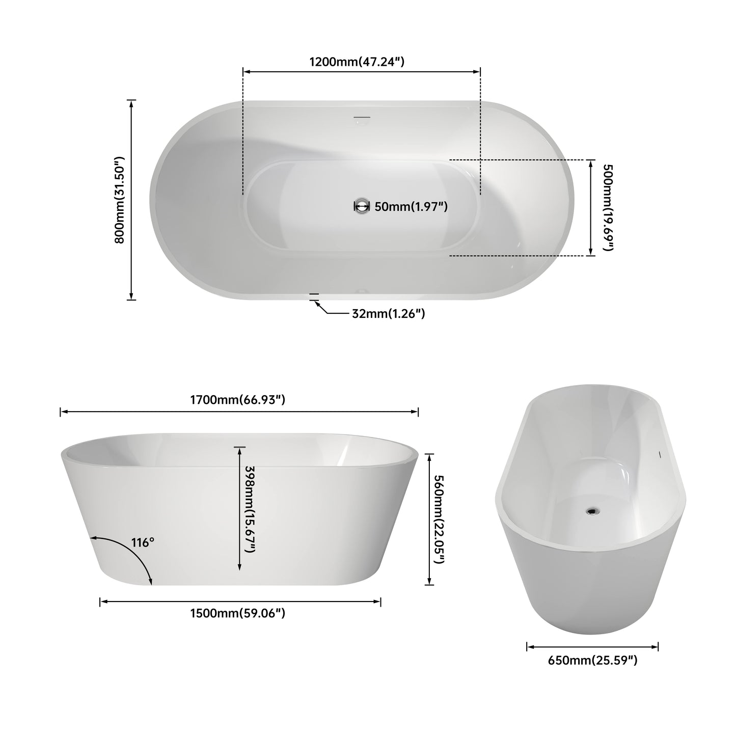 67'' Freestanding Acrylic Bathtub With Chrome Drain VB3-67