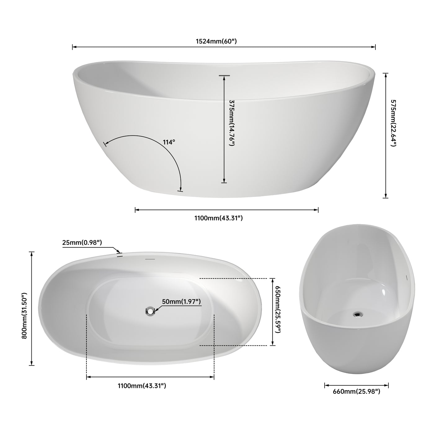 60'' Freestanding Soaking Acrylic Bathtub VB6-60