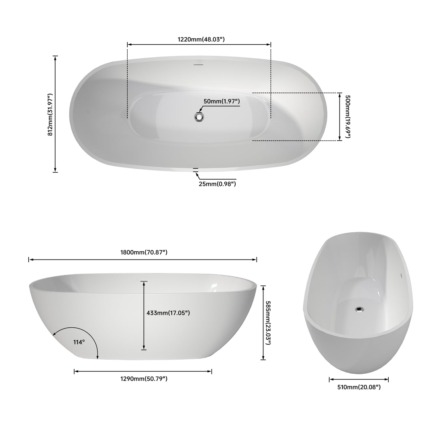 71'' Freestanding Soaking Acrylic Bathtub VB7-71