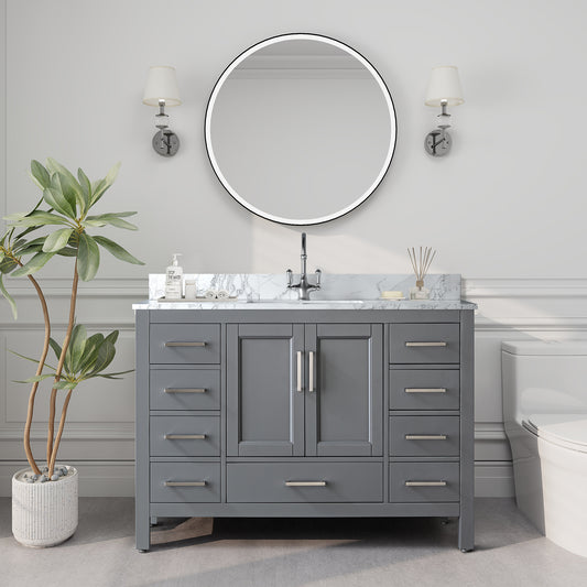 Riverford Grey Rubberwood & Plywood Bathroom Vanity with Double Ceramic Sink and Engineered Marble Top