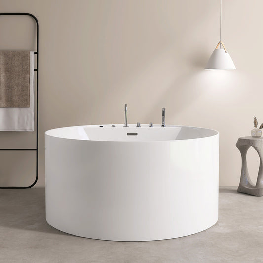 47'' Freestanding Round Acrylic Whirlpool Bathtub, 6 Massage Jets, LED Lighting, And 4-Hole Faucet AB24-47-AM