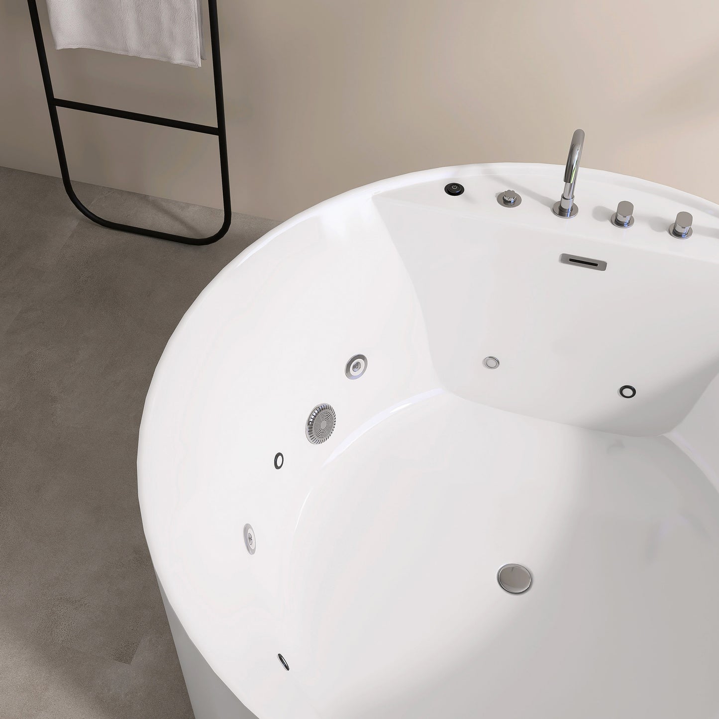 47'' Freestanding Round Acrylic Whirlpool Bathtub, 6 Massage Jets, LED Lighting, And 4-Hole Faucet AB24-47-AM
