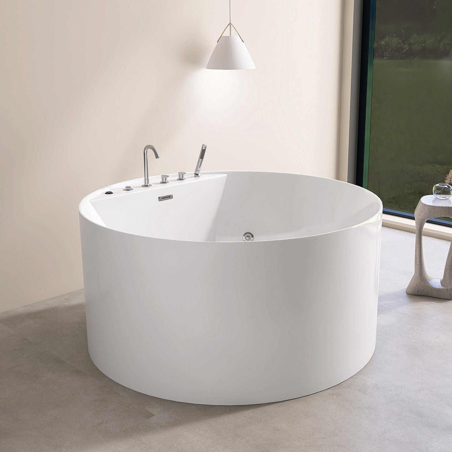 47'' Freestanding Round Acrylic Whirlpool Bathtub, 6 Massage Jets, LED Lighting, And 4-Hole Faucet AB24-47-AM