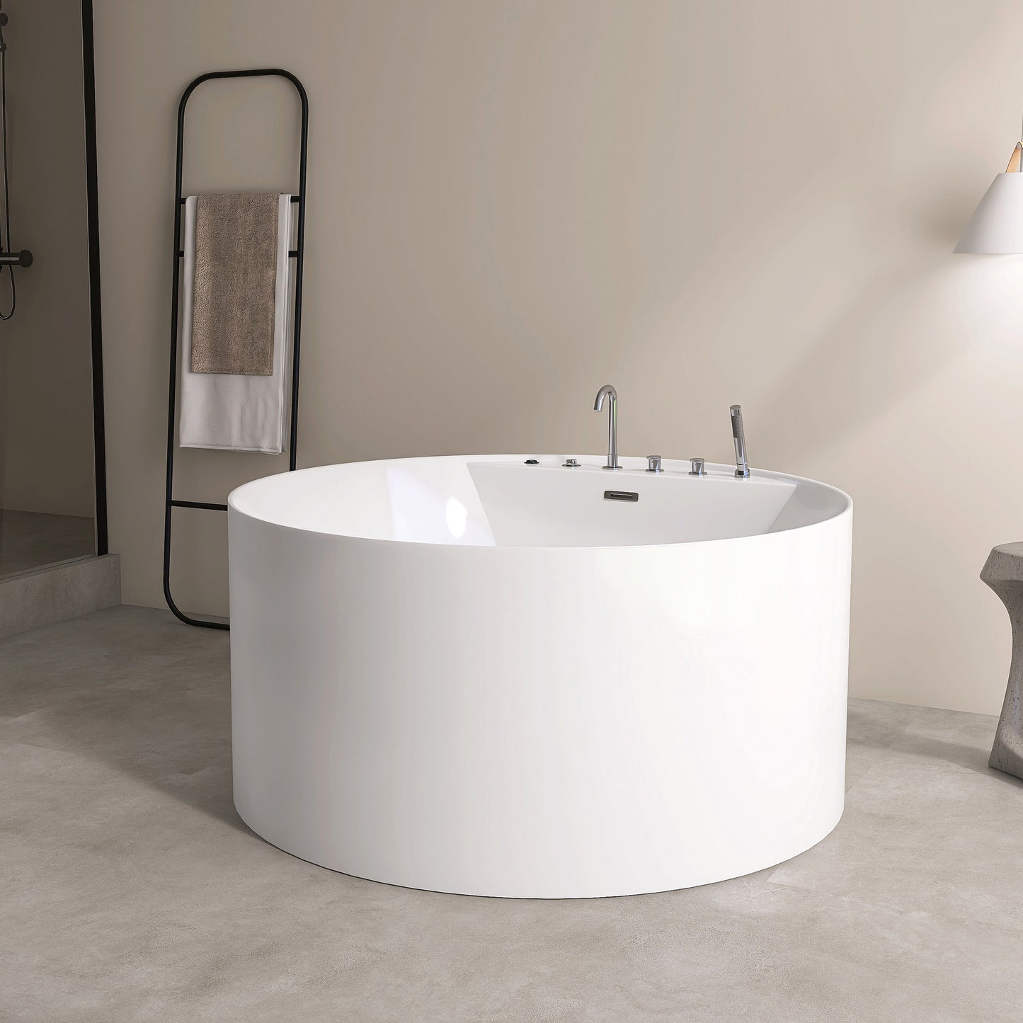47'' Freestanding Round Acrylic Whirlpool Bathtub, 6 Massage Jets, LED Lighting, And 4-Hole Faucet AB24-47-AM