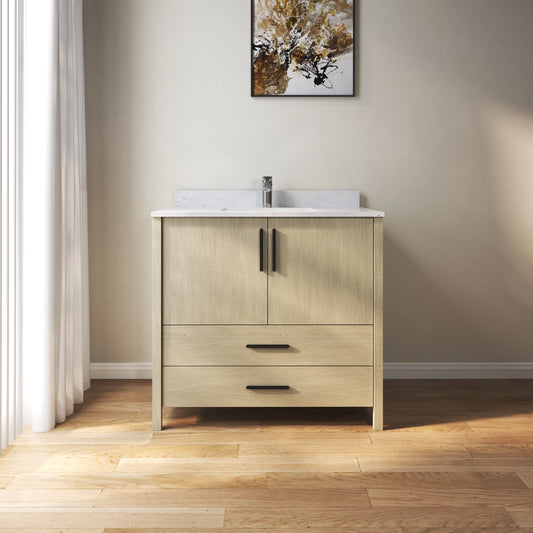 24'' Single Bathroom Vanity With Ceramic Sink And Faucet Hole, Light Wood Finish, 2 Drawers And Double Doors, Fully Assembled