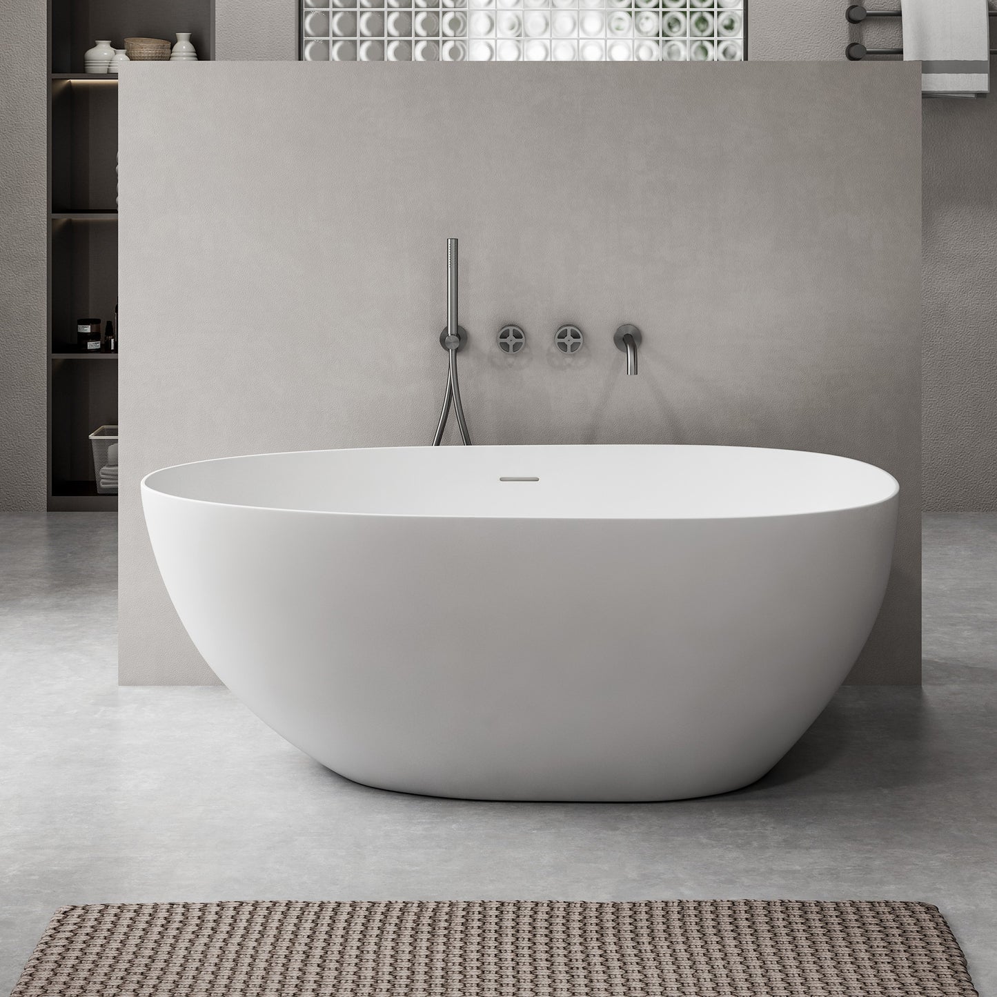 SJ-STARJANE 59'' Freestanding Tub Solid Surface Egg Shape Freestanding Soaking Tub