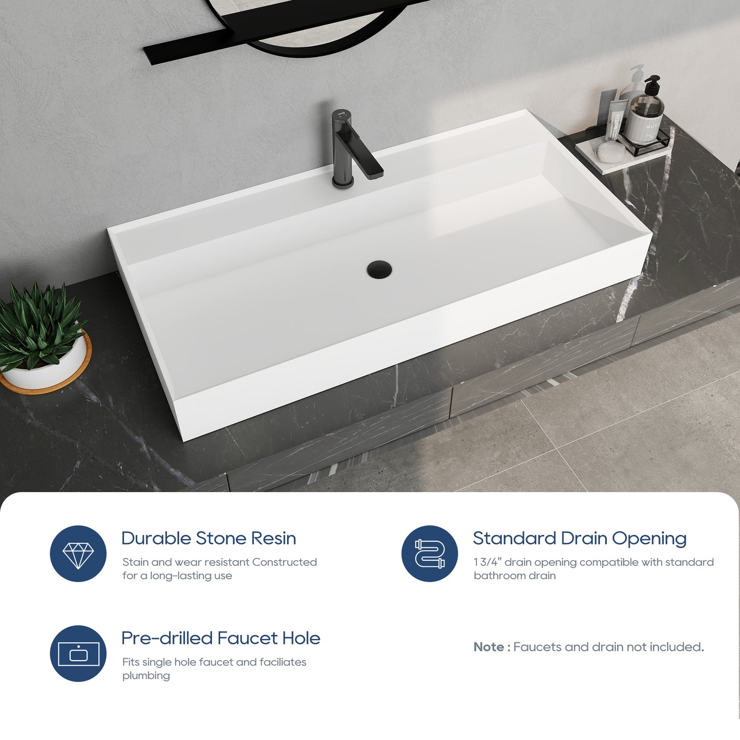SJ-STARJANE 40''Rectangular Above Counter Bathroom Sink Solid Surface Sink Single Faucet Hole