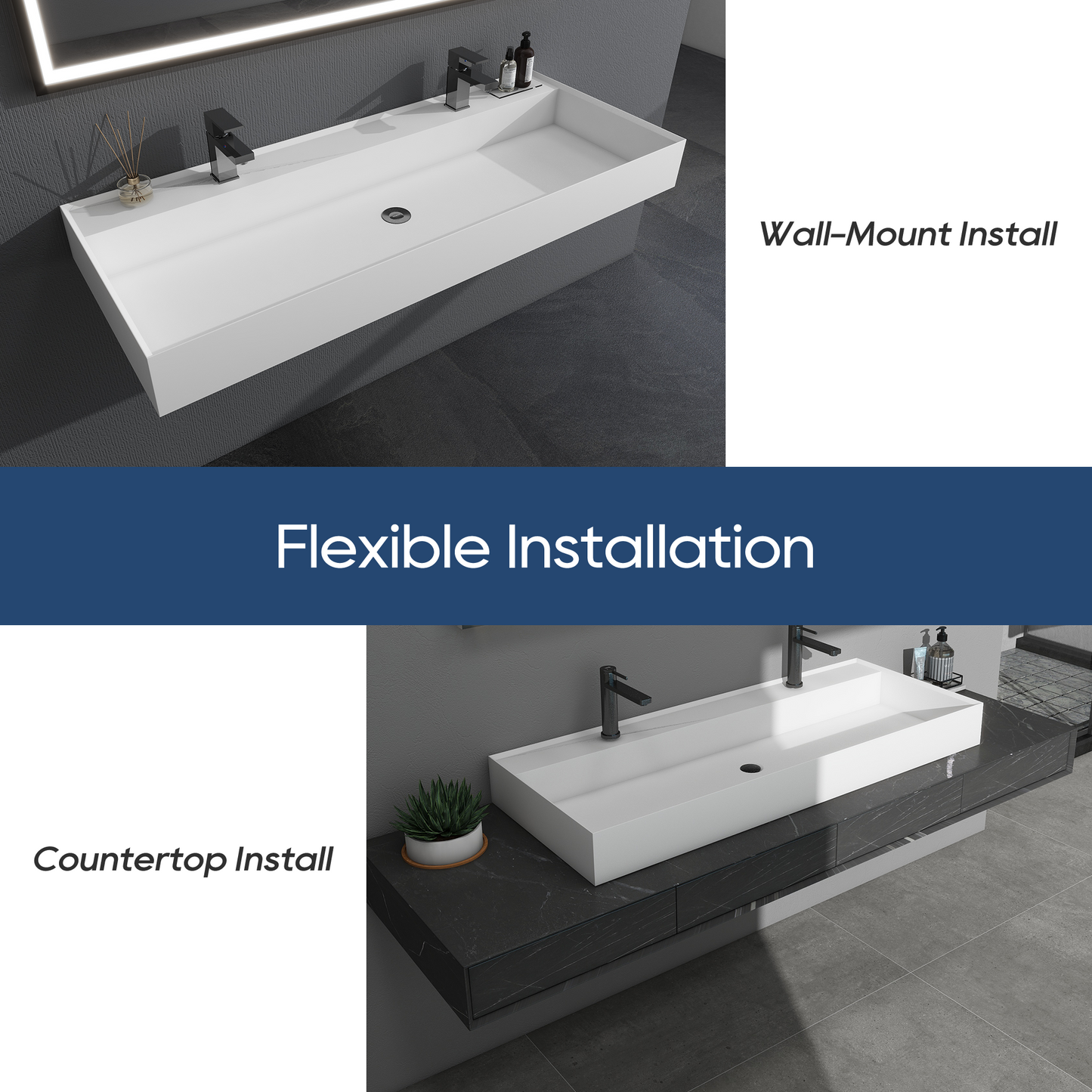 SJ-STARJANE 47''Wall Mount Bathroom Sink Solid Surface Sink with Double Faucet Hole