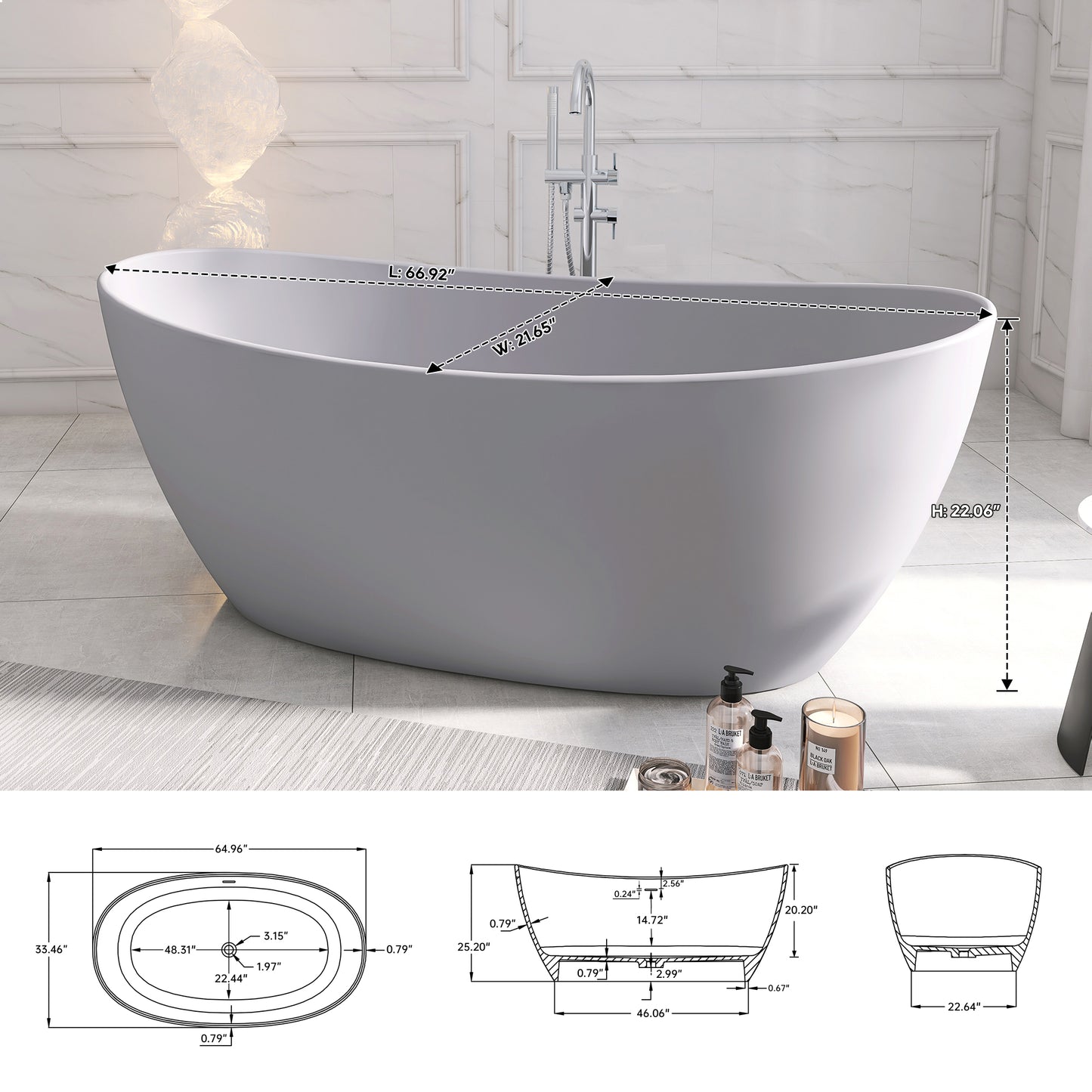 SJ-STARJANE65''Artificial stone freestanding bathtubs Solid surface resin immersion bathtubs