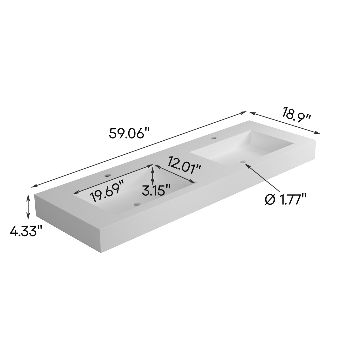 SJ-STARJANE 59''Solid Surface Wall Mount Double-Basin Bathroom Vessel Sink in Matte White
