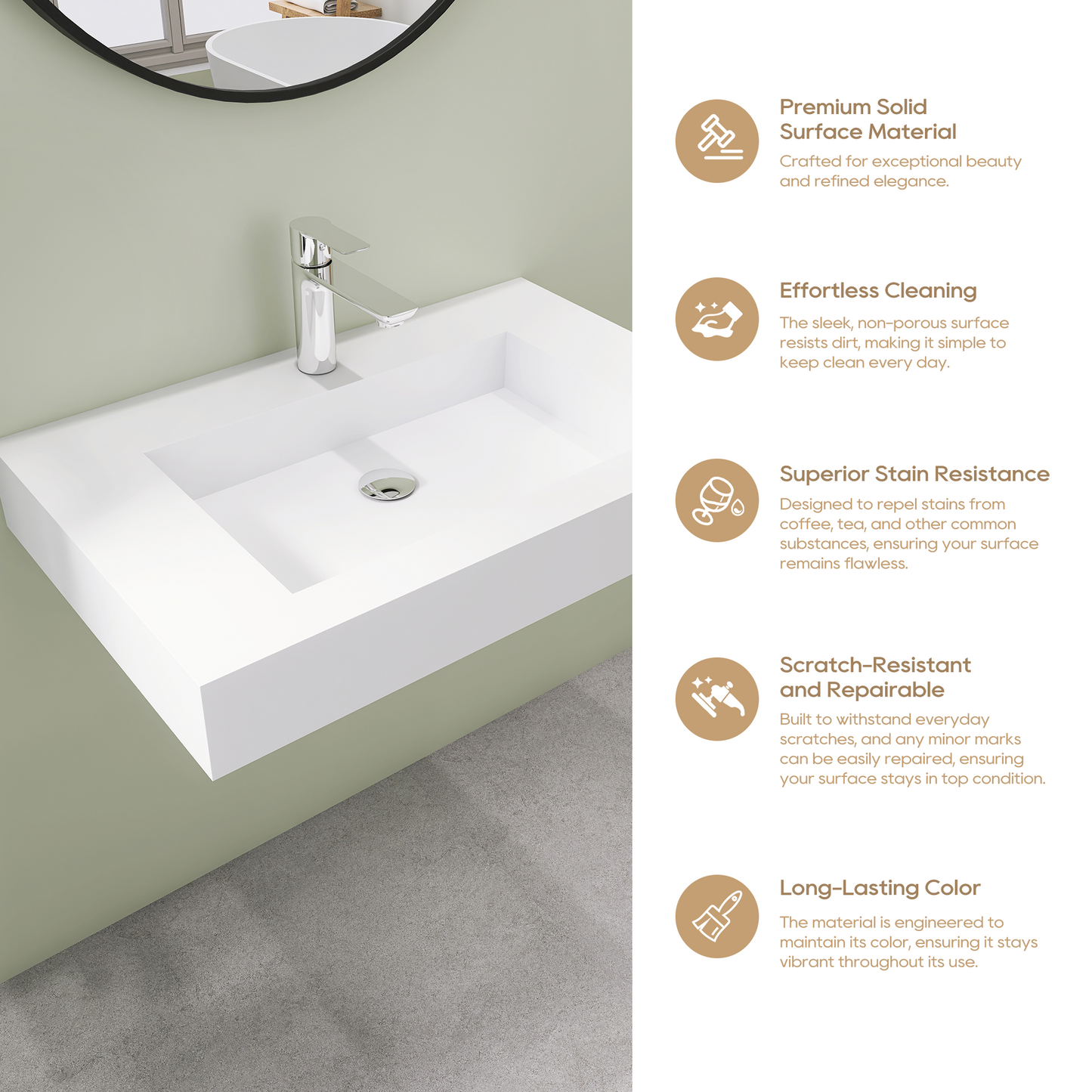 SJ-STARJANE 30''Wall Mount Bathroom Sink Solid Surface Sink with Faucet Hole