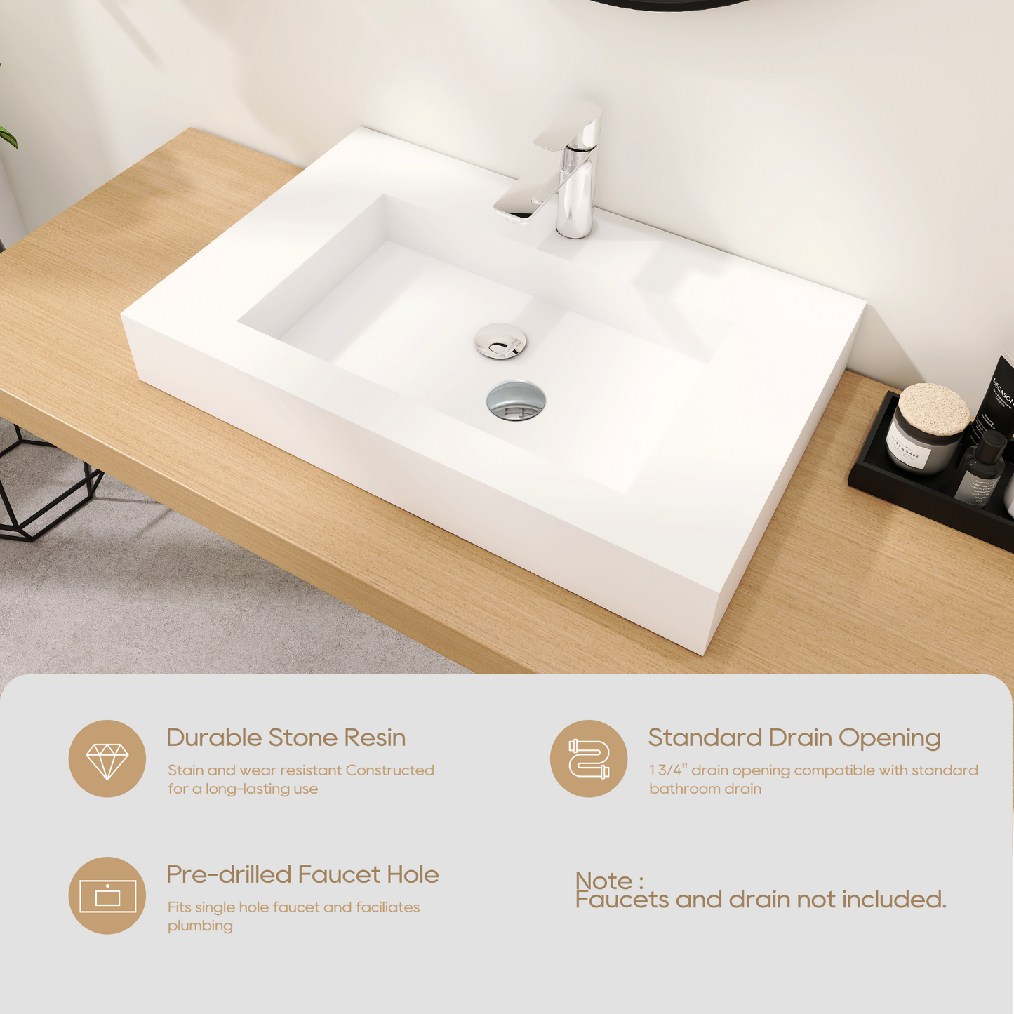 SJ-STARJANE 30''Wall Mount Bathroom Sink Solid Surface Sink with Faucet Hole