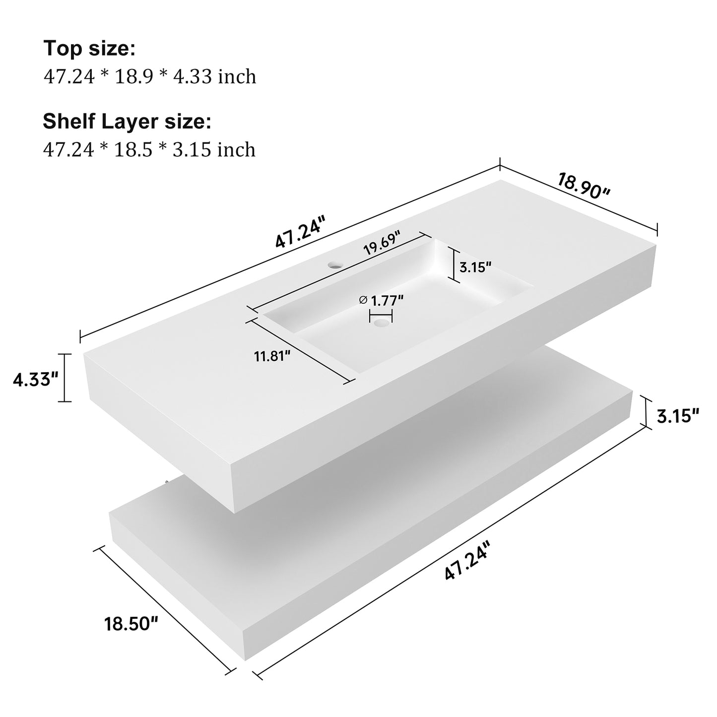 SJ-STARJANE 47'' wall-mounted bathroom sink incl. undermount with shelf (single faucet hole)