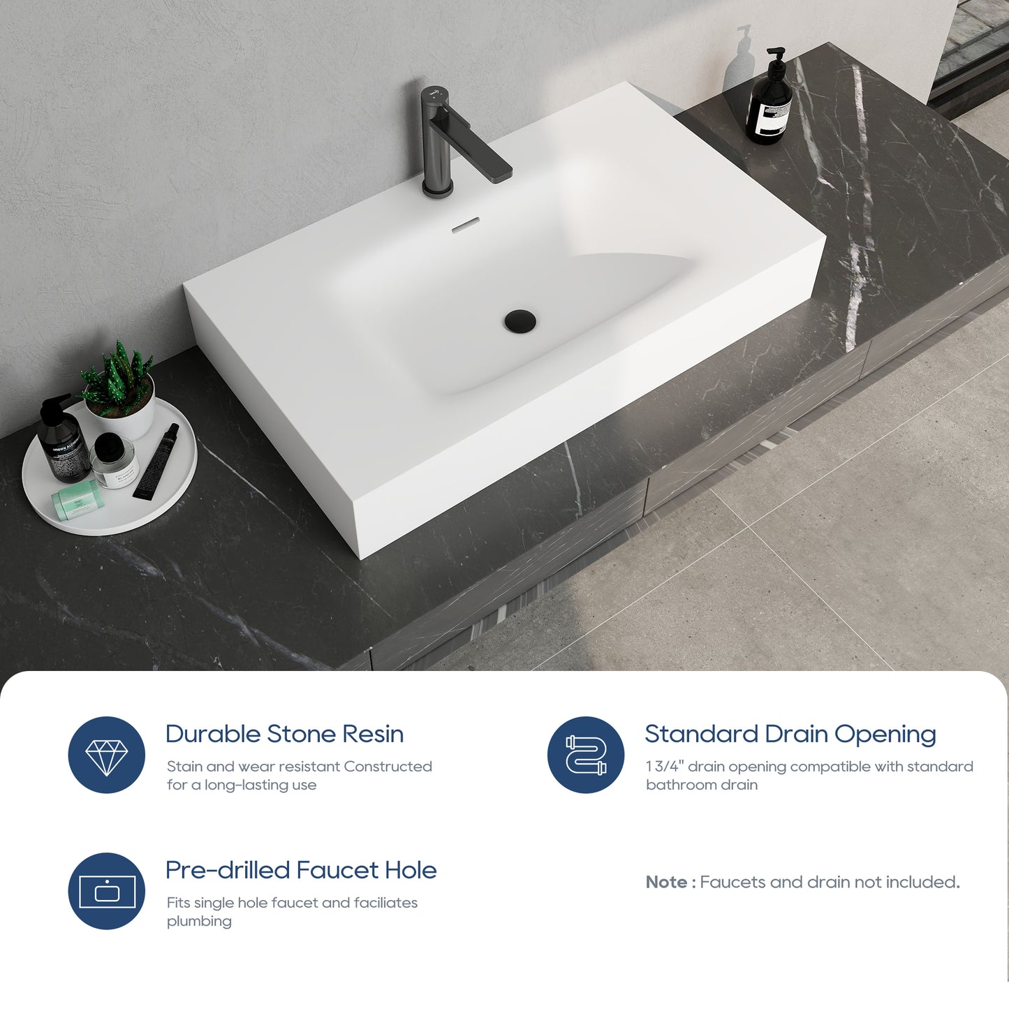 SJ-STARJANE32''Solid Surface Rectangular Bathroom Sink (with Overflow)