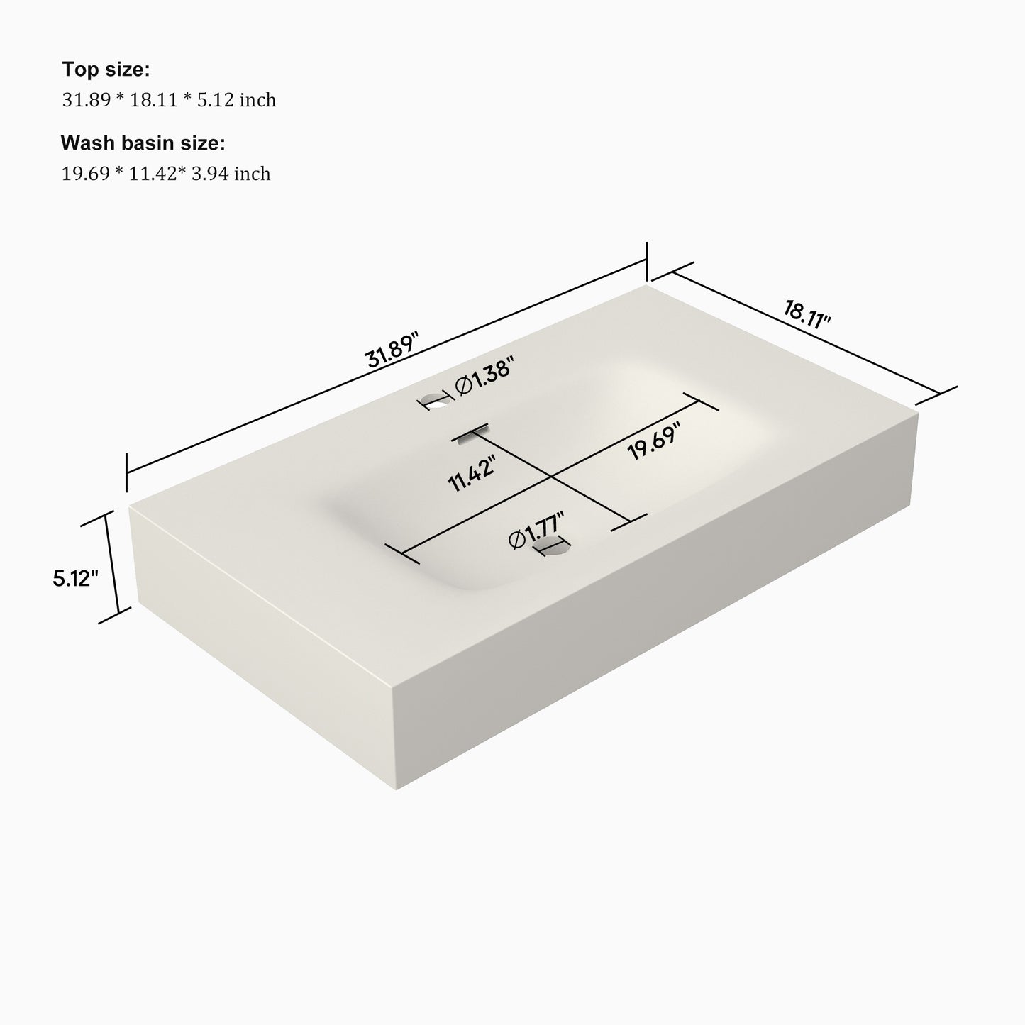 SJ-STARJANE32''Solid Surface Rectangular Bathroom Sink (with Overflow)