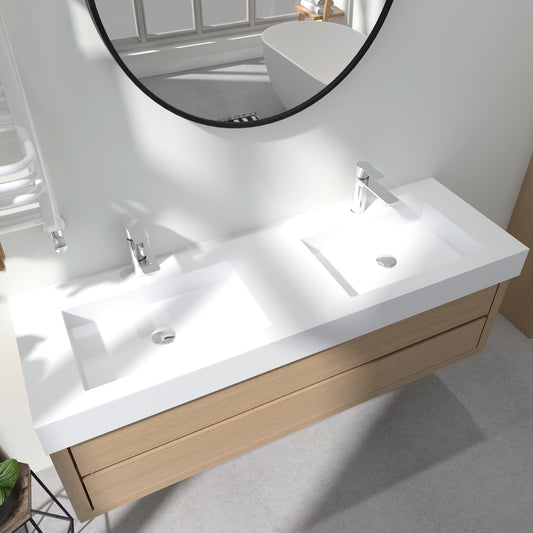 SJ-STARJANE 59''Solid Surface Wall Mount Double-Basin Bathroom Vessel Sink in Matte White
