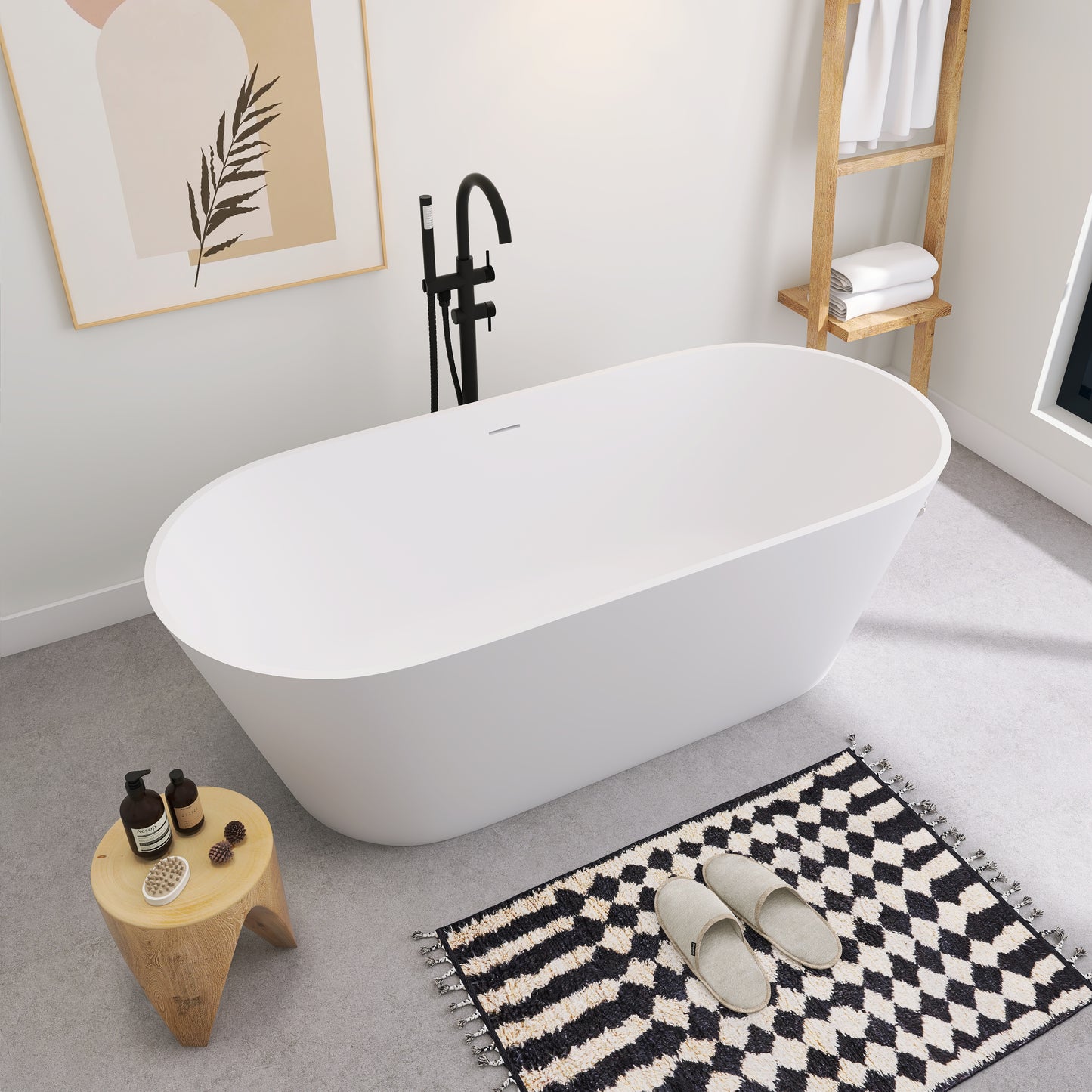 SJ-STARJANE 67'' Freestanding Soaking Bathtub Solid Surface Soaking Tubs in Matte White