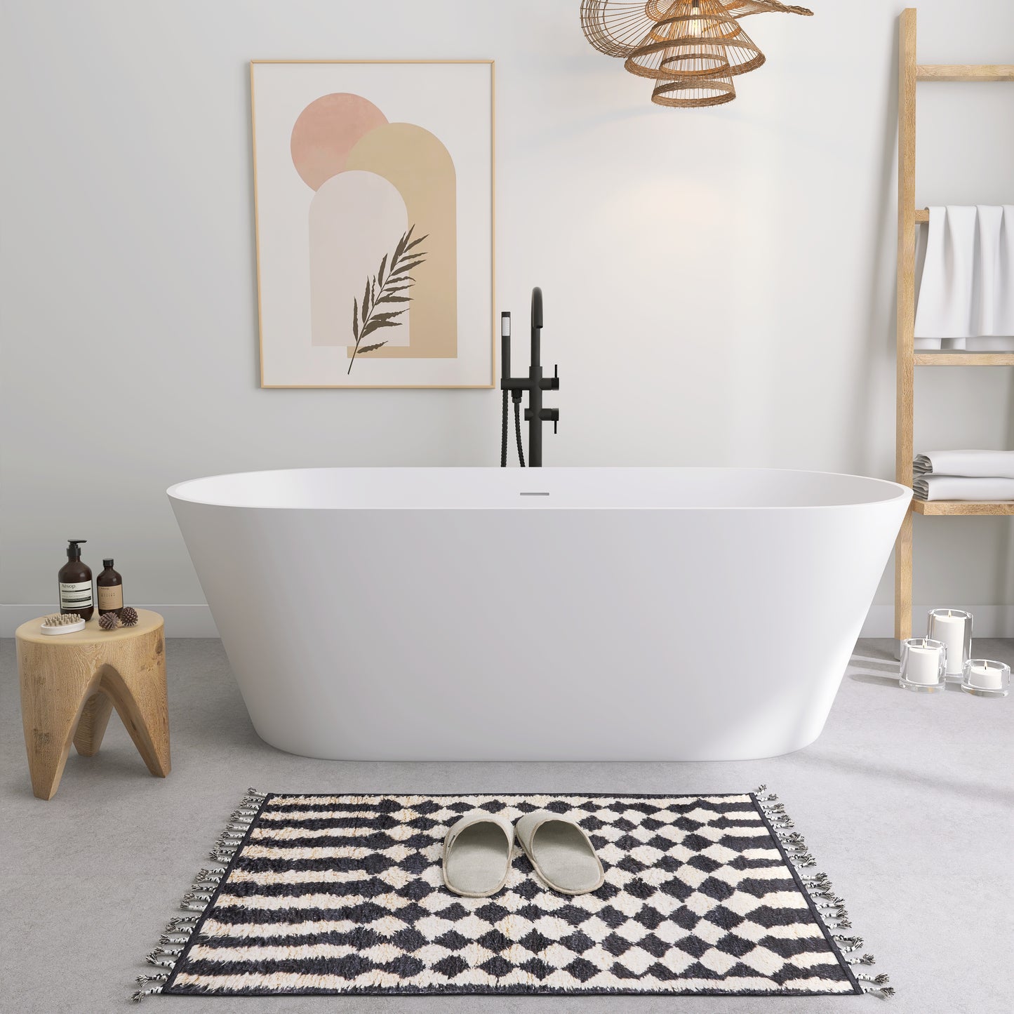 SJ-STARJANE 67'' Freestanding Soaking Bathtub Solid Surface Soaking Tubs in Matte White