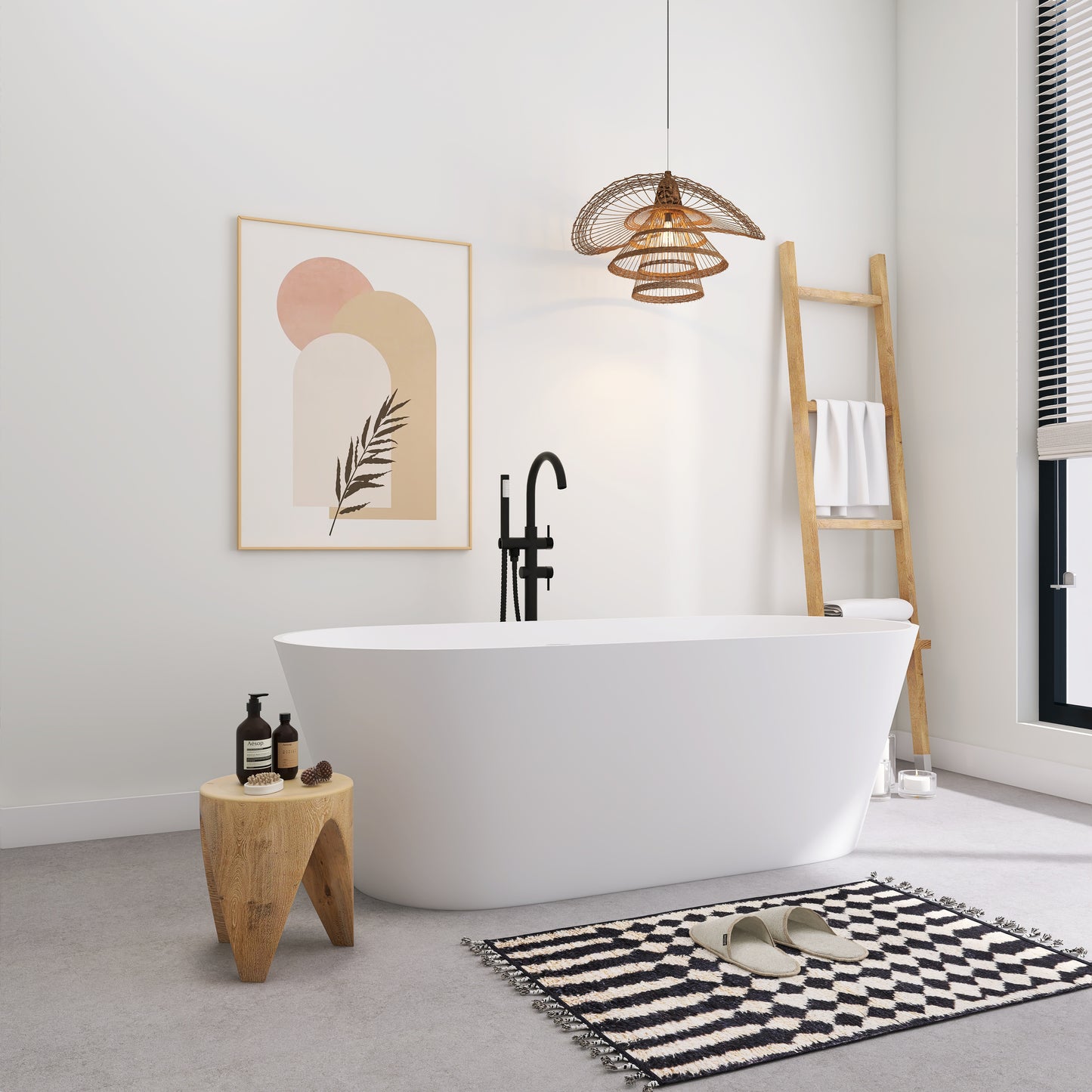 SJ-STARJANE 67'' Freestanding Soaking Bathtub Solid Surface Soaking Tubs in Matte White