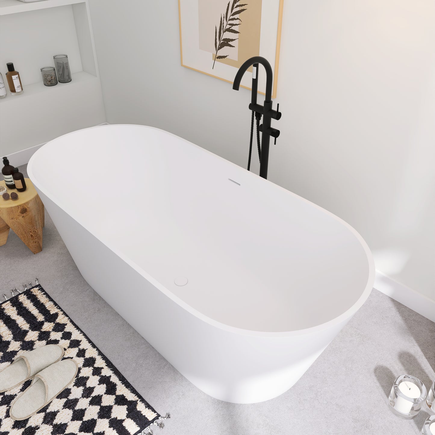 SJ-STARJANE 67'' Freestanding Soaking Bathtub Solid Surface Soaking Tubs in Matte White