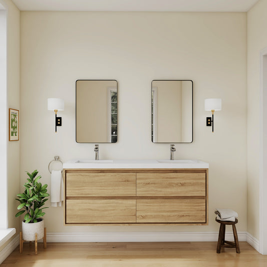Frost 60 in. x 20 in. Double Sink Floating Bath Vanity in Wood Grain with White Cultured Marble Top with Basin
