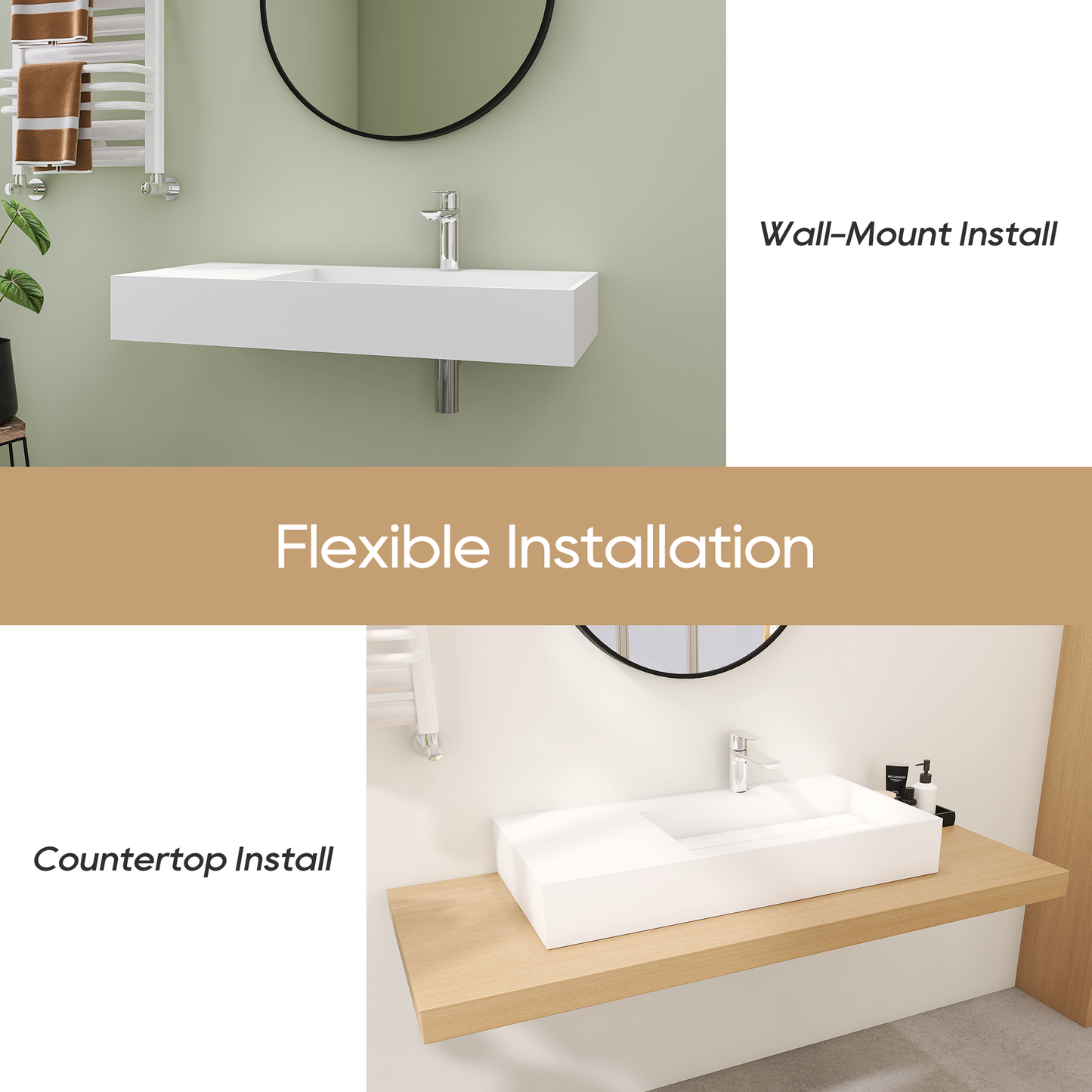 SJ-STARJANE 36‘’Solid Surface Wall Mount Bathroom Right Vessel Sink with Faucet Hole and Drain Cover