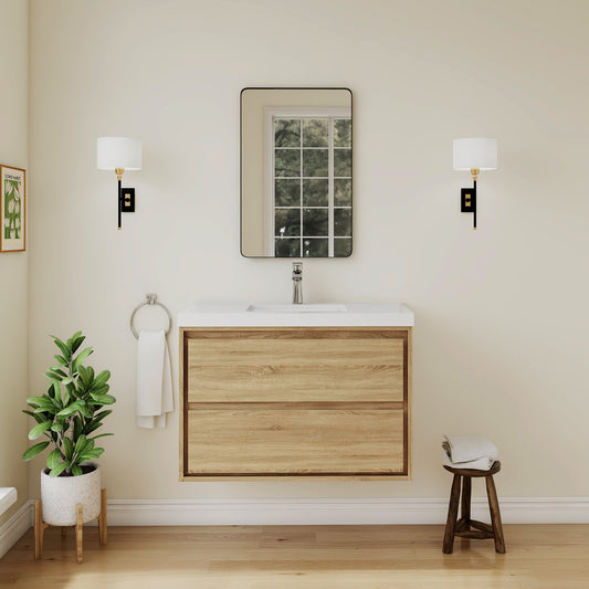 Frost Single Sink Floating Bath Vanity in Wood Grain with White Cultured Marble Top with Basin