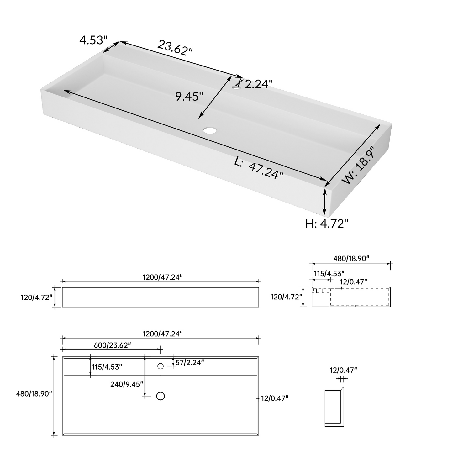 SJ-STARJANE 47''Rectangular Bathroom Sink Matte White Solid Surface Basin
