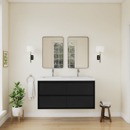Frost 48 in. x 20 in. Double Sink Floating Bath Vanity in Black Wood Grain with White Cultured Marble Top with Basin