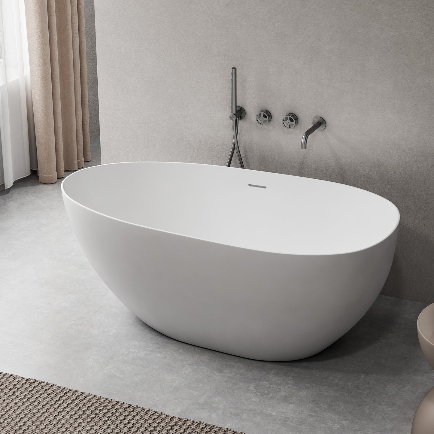 SJ-STARJANE 59'' Freestanding Tub Solid Surface Egg Shape Freestanding Soaking Tub