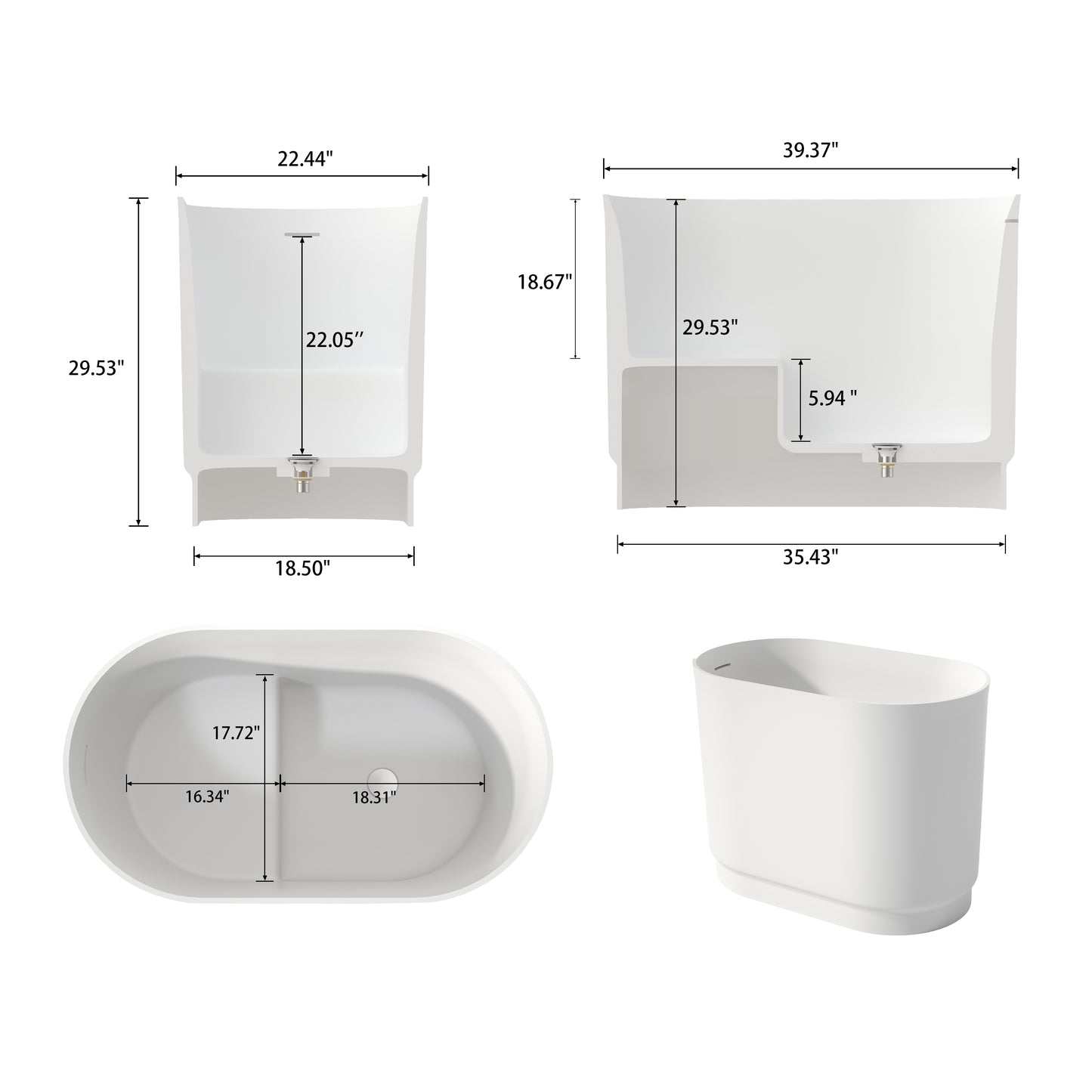 SJ-STARJANE 39" freestanding deep soaking tub with built-in seat