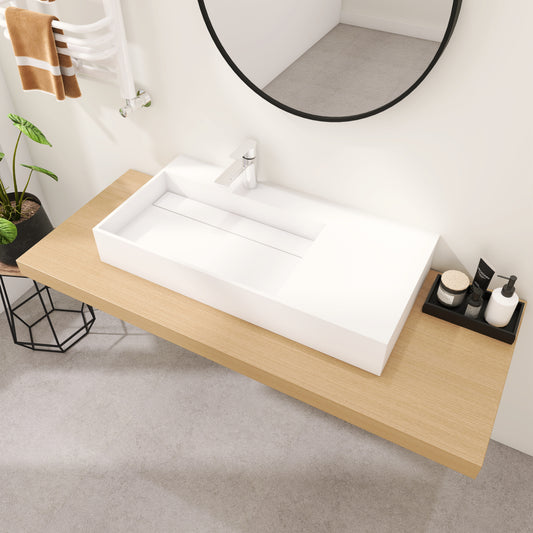 SJ-STARJANE 36''Solid Surface Wall Mount Bathroom Left Vessel Sink with Faucet Hole and Drain Cover
