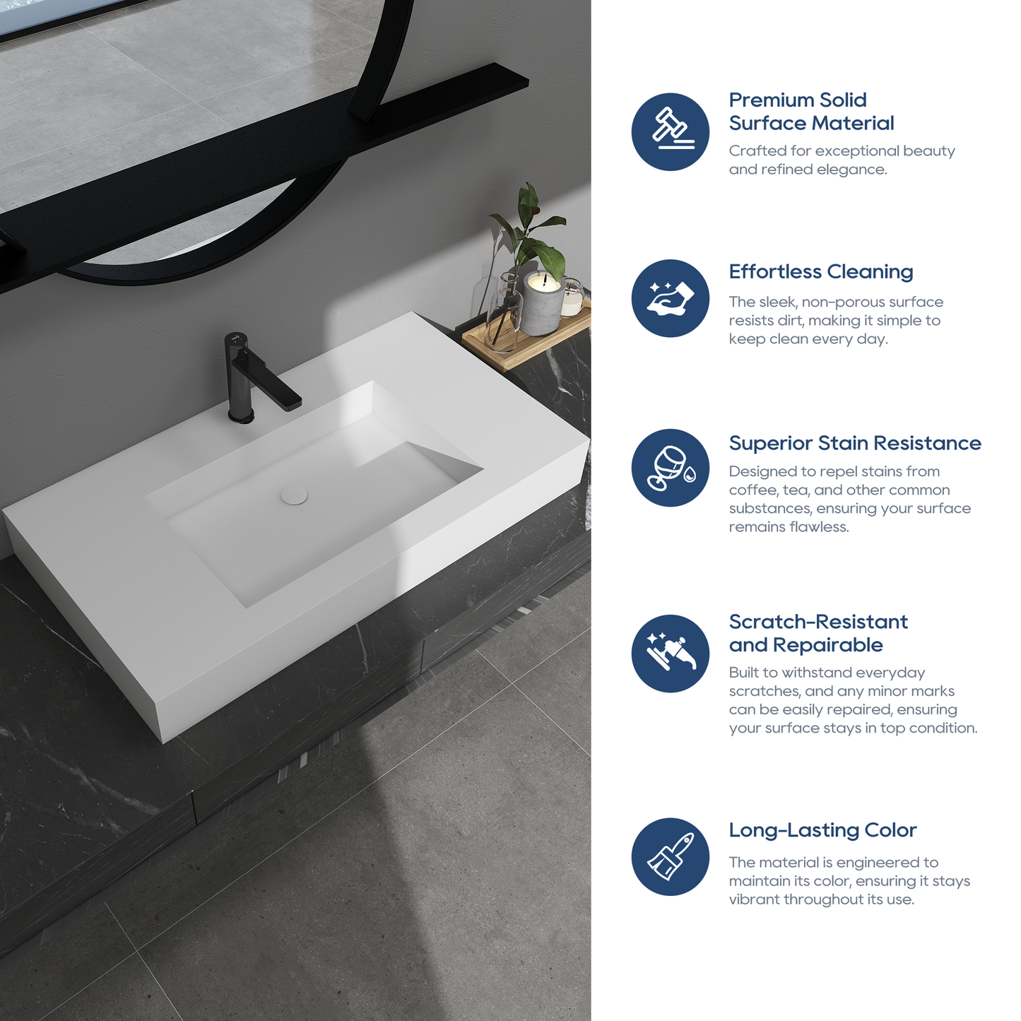 SJ-STARJANE 35''Solid Surface Wall Mount Bathroom Vessel Sink in Matte White