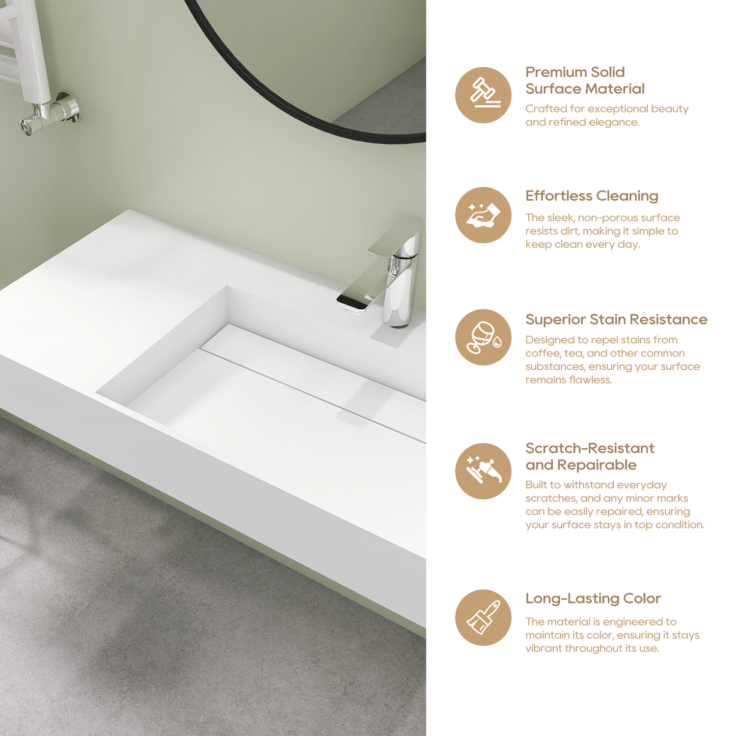 SJ-STARJANE 36‘’Solid Surface Wall Mount Bathroom Right Vessel Sink with Faucet Hole and Drain Cover
