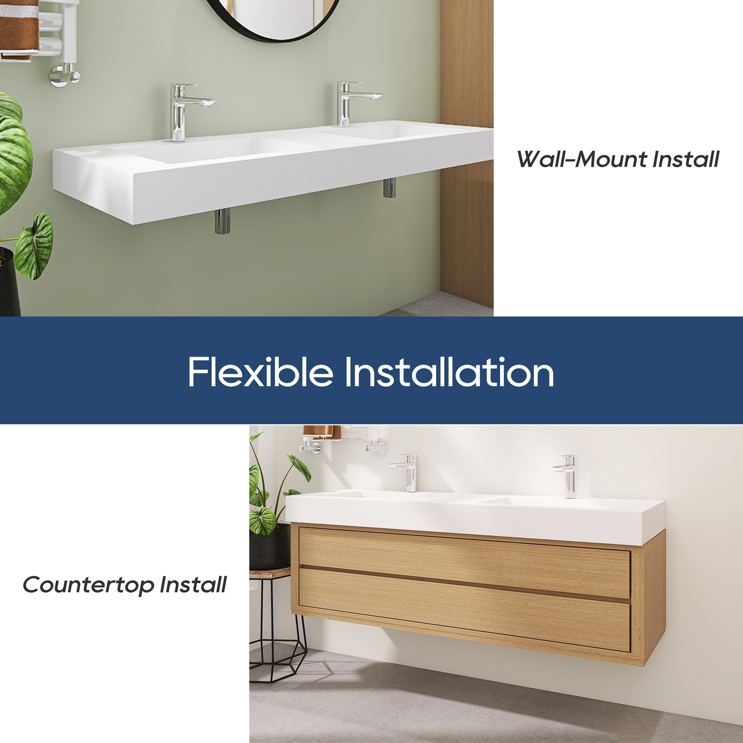 SJ-STARJANE 59''Solid Surface Wall Mount Double-Basin Bathroom Vessel Sink in Matte White