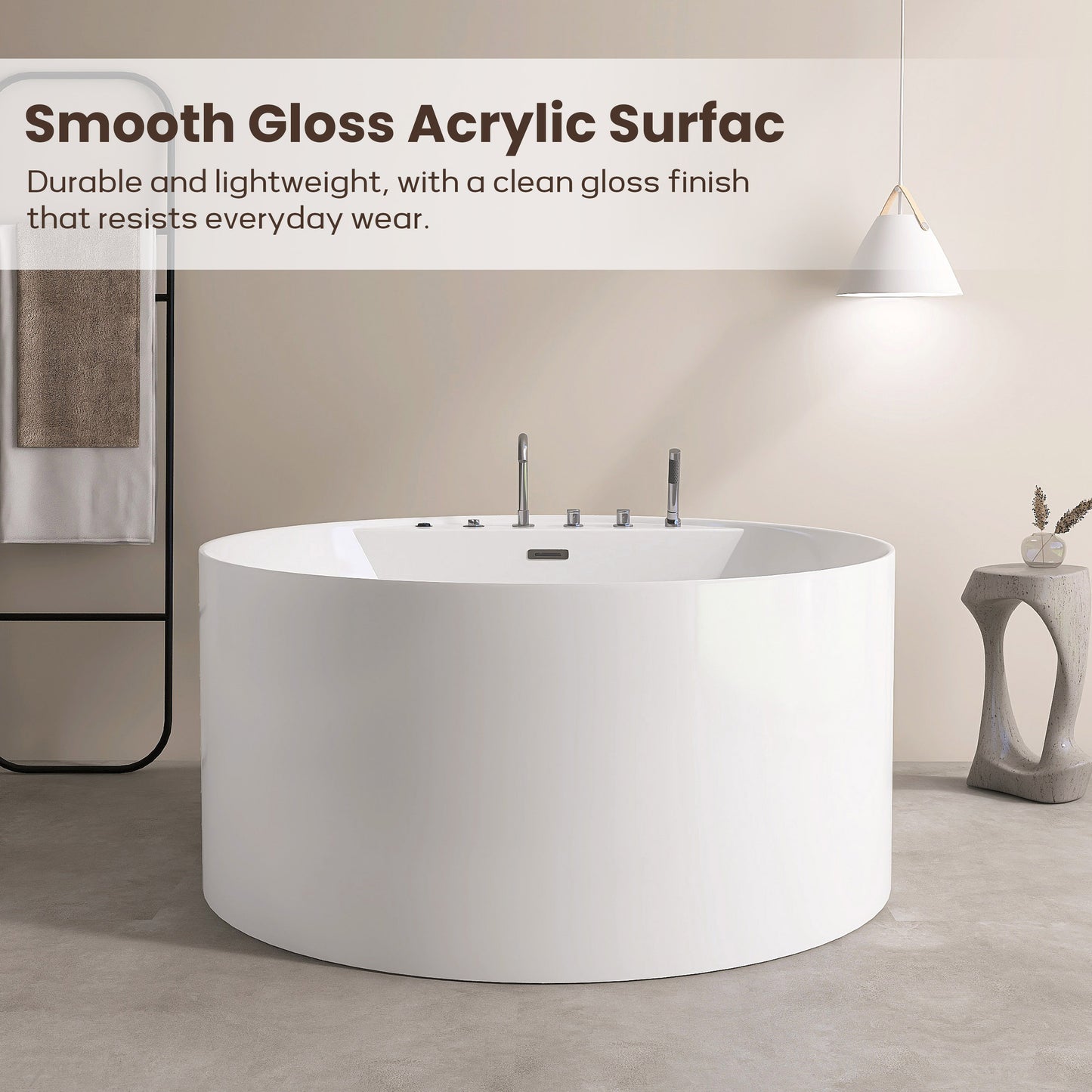 47'' Freestanding Round Acrylic Whirlpool Bathtub, 6 Massage Jets, LED Lighting, And 4-Hole Faucet AB24-47-AM