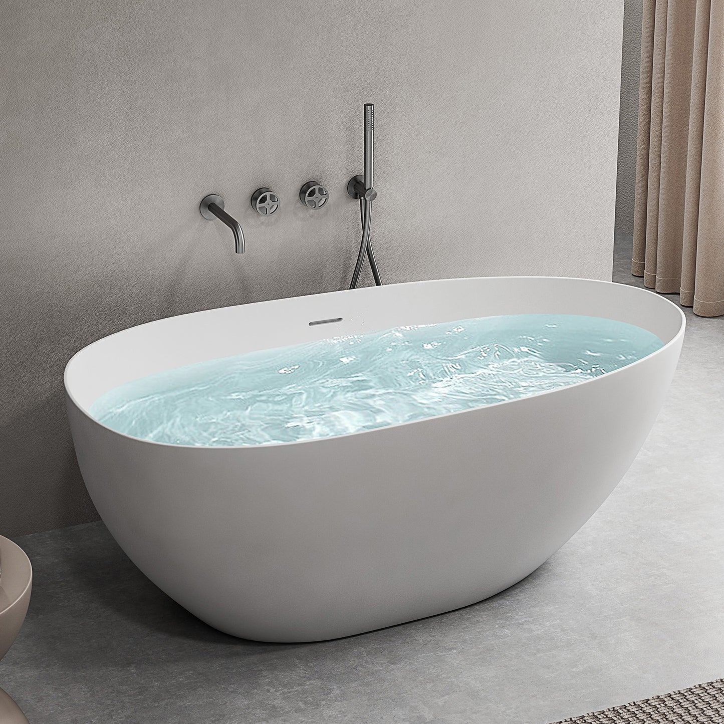 SJ-STARJANE 59'' Freestanding Tub Solid Surface Egg Shape Freestanding Soaking Tub