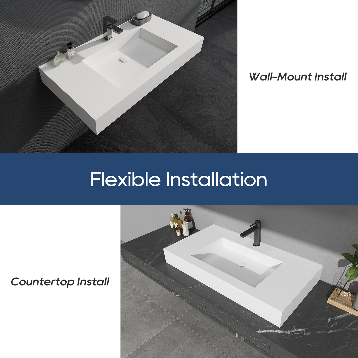 SJ-STARJANE 35''Solid Surface Wall Mount Bathroom Vessel Sink in Matte White