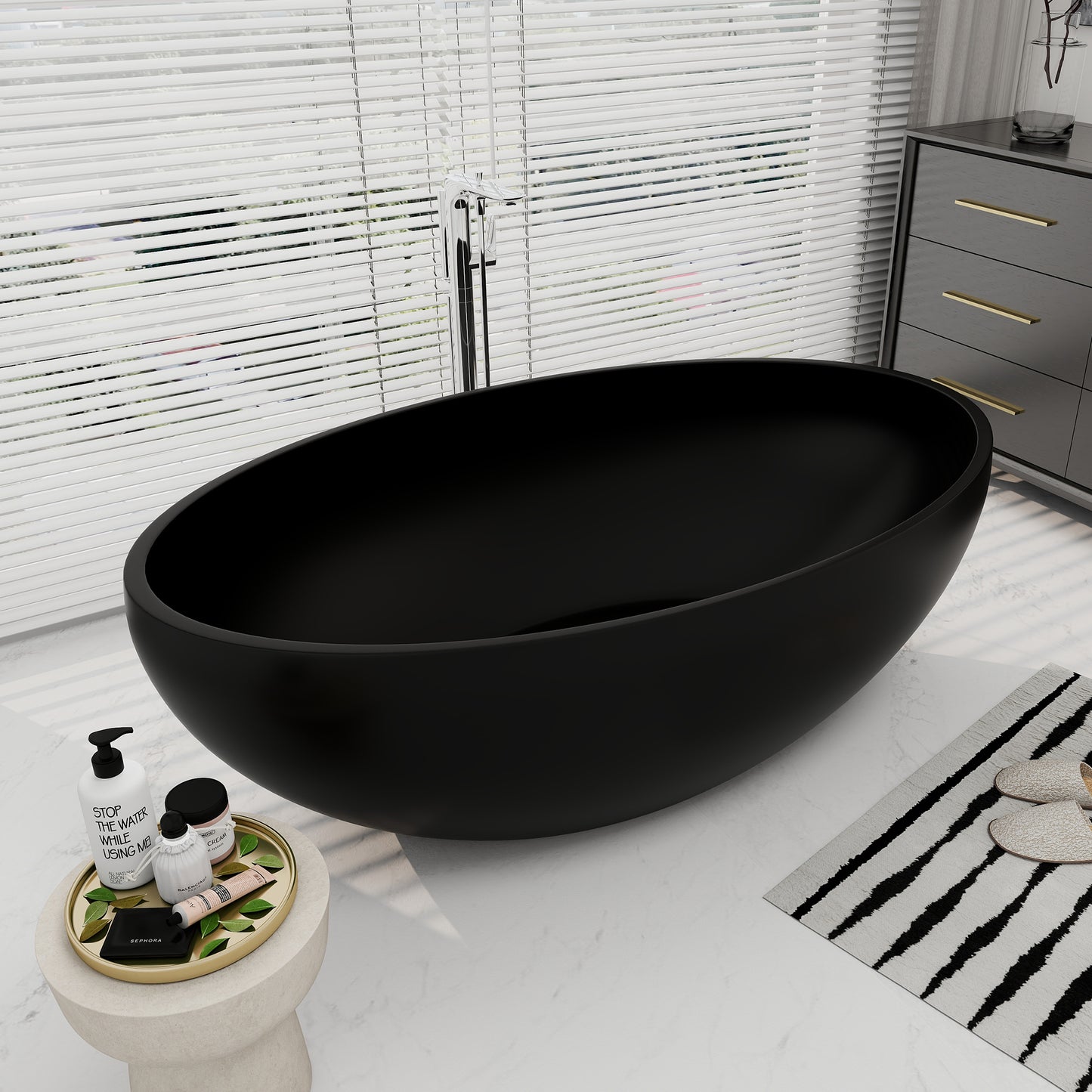SJ-STARJANE 67"inch black freestanding bathtub artificial stone resin material non-slip wear-resistant deep soaking bathtub