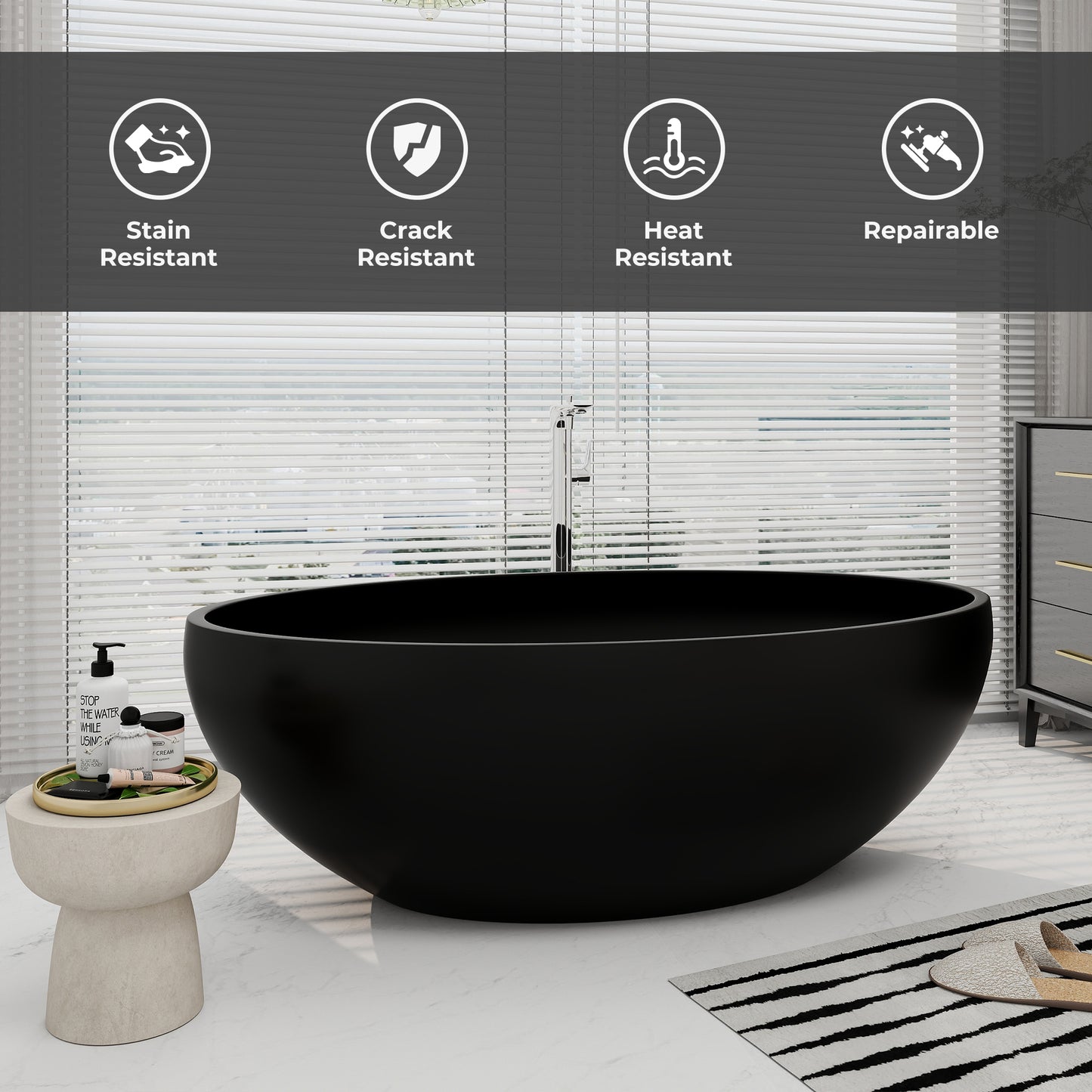 SJ-STARJANE 67"inch black freestanding bathtub artificial stone resin material non-slip wear-resistant deep soaking bathtub