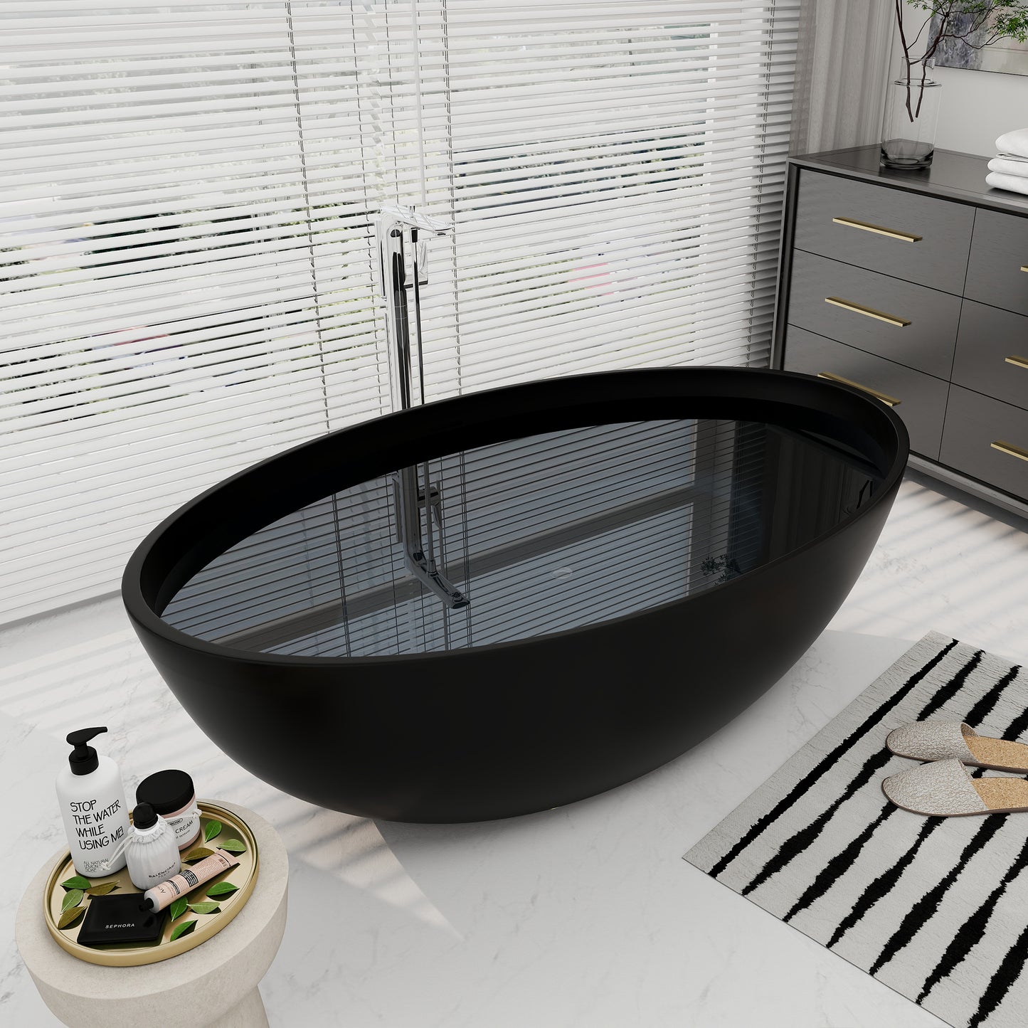 SJ-STARJANE 67"inch black freestanding bathtub artificial stone resin material non-slip wear-resistant deep soaking bathtub