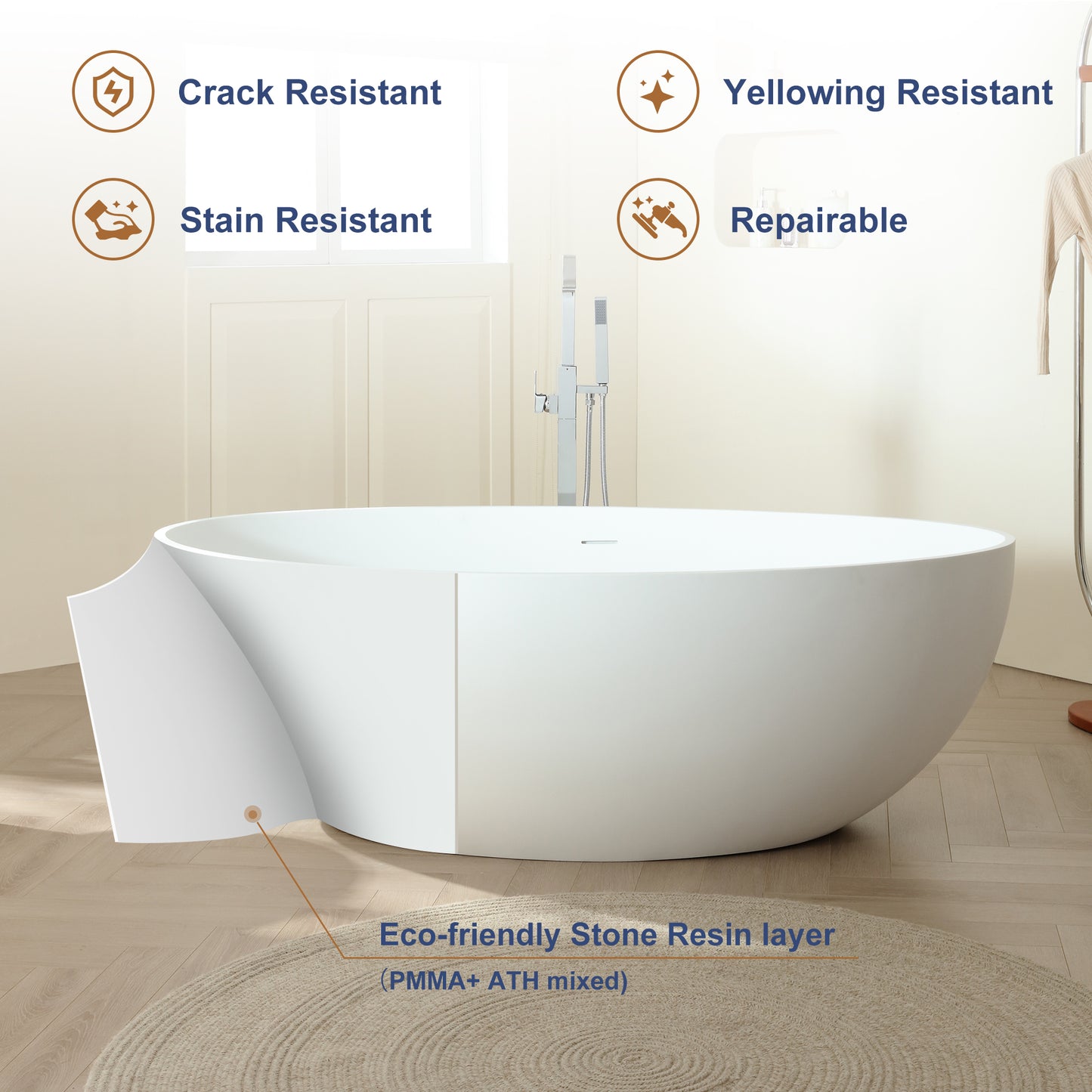 SJ-STARJANE 67'' Stone Resin Solid Surface Matte Flatbottom Freestanding Bathtub